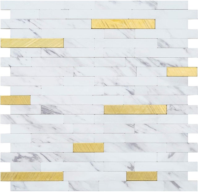 Autocolantes de parede tridimensionais 3D da série mármore 10PCS, azulejos de mosaico, para backsplash de cozinha, (dourado branco/297*292mm)