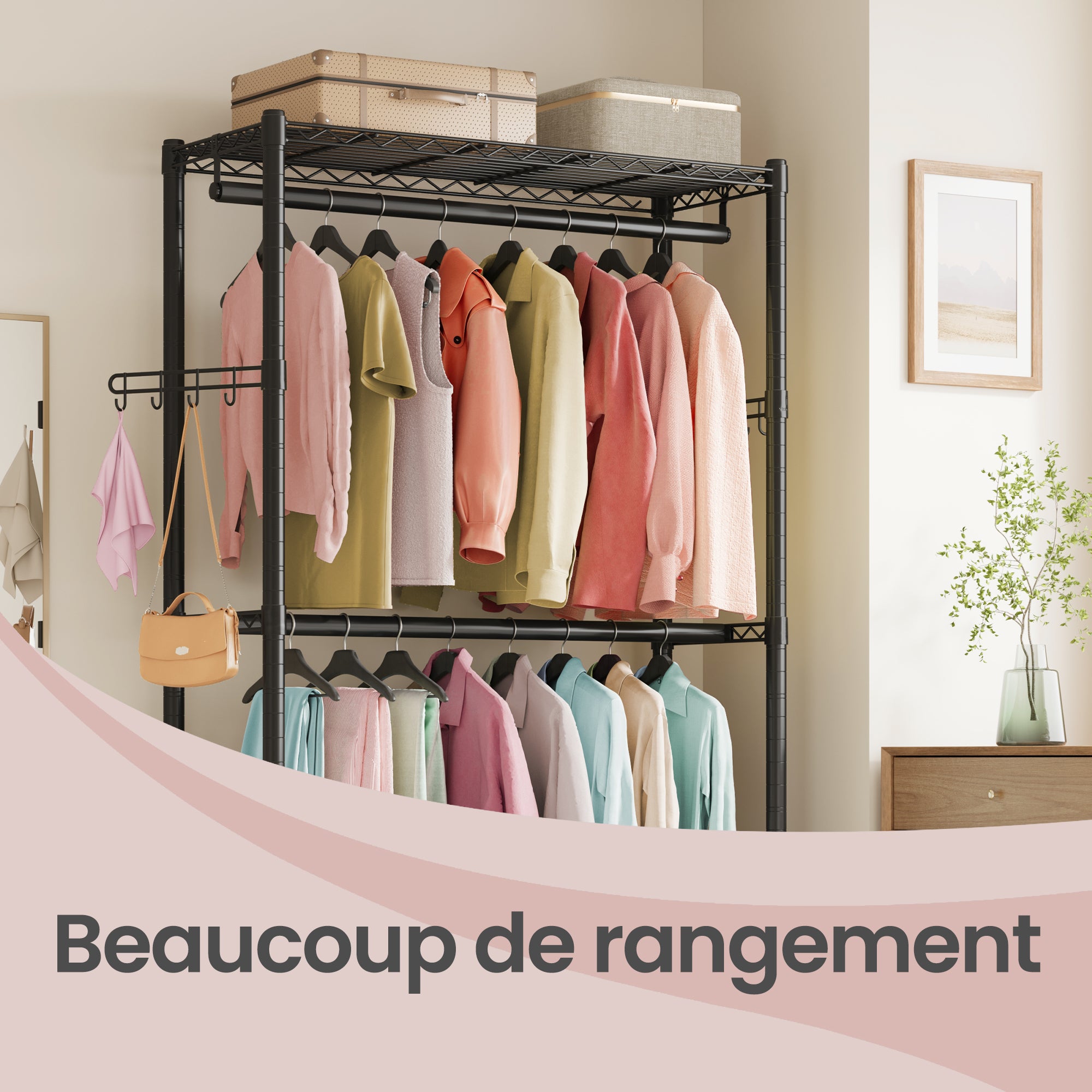 Portant Mobile en Métal, Penderie avec Crochets et Étagères Réglables, pour Chambre, 90 x 40 x 199 cm, Noir - 4