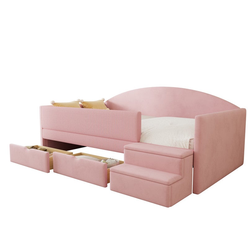 Tapicerowana sofa dziecięca z funkcją spania 90x190cm - z 2 szufladami - z zagłówkiem - tkanina aksamitna - różowa (materac nie jest wliczony w cenę)