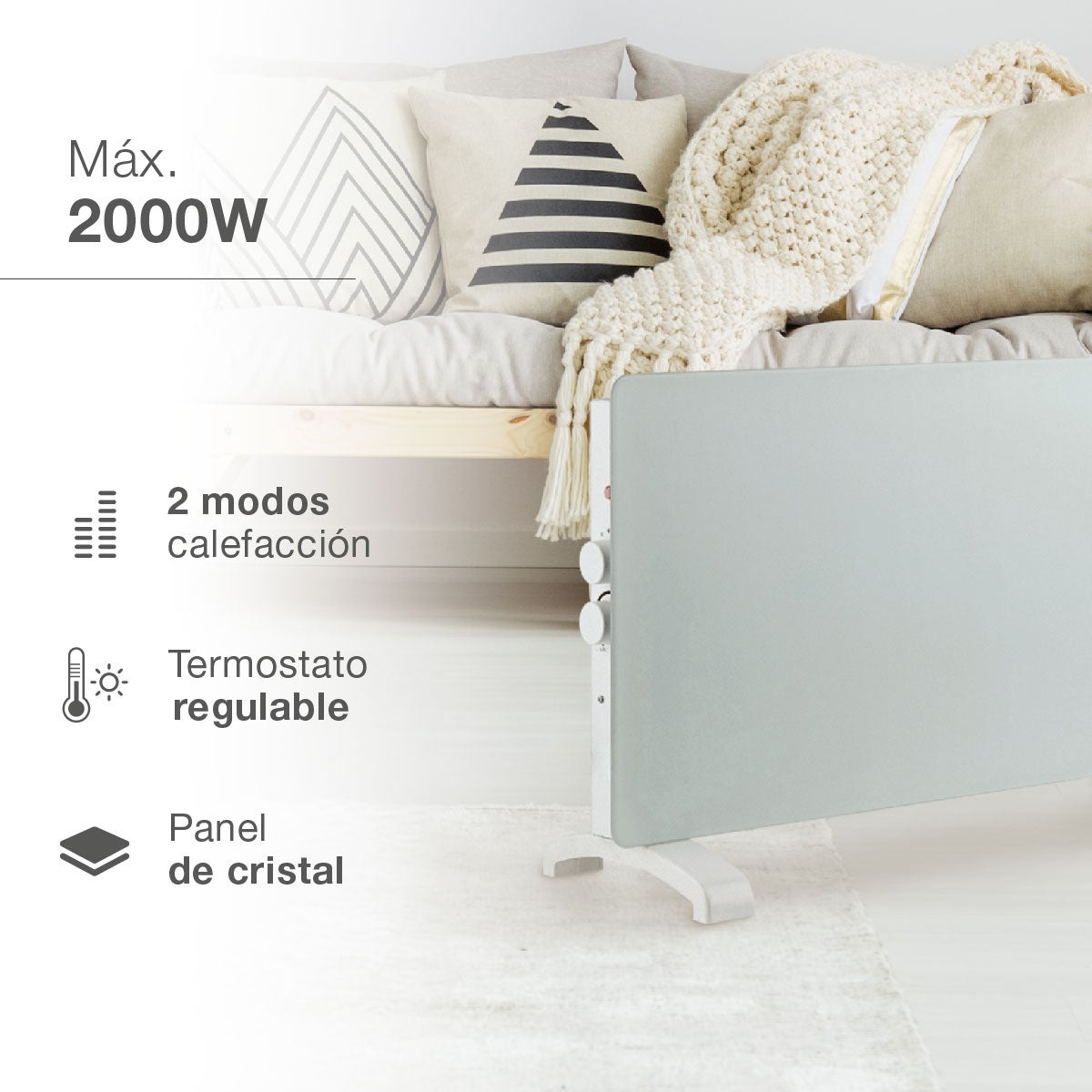 Radiador convector de cristal para 15m2 2000W Blanco - 2