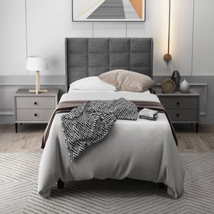 Letto singolo 90x200 cm - Testiera imbottita in lino blu (senza materasso