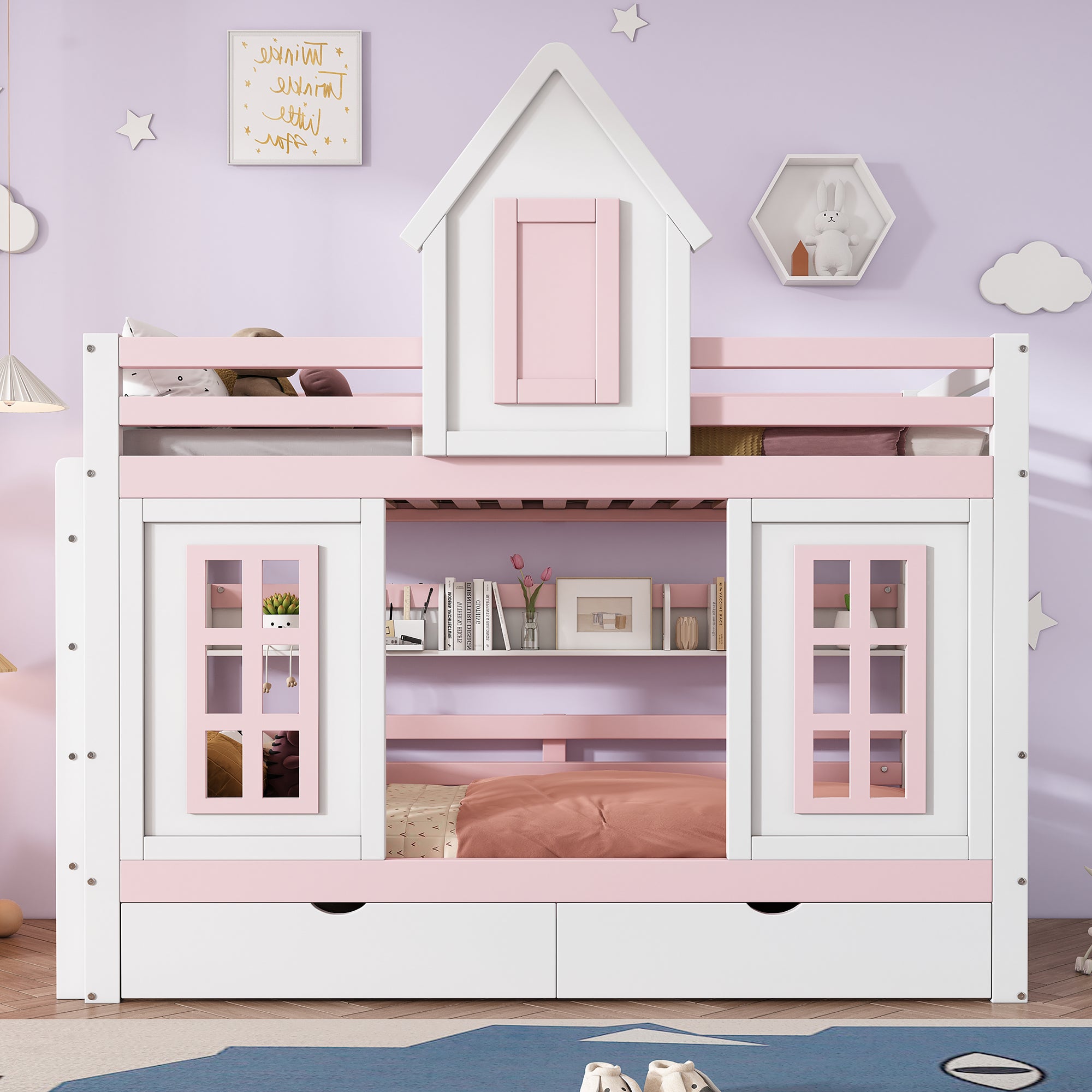 Letto a castello, letto per bambini con tetto e finestra, con sponda di sicurezza, due cassetti con rotelle, ripiano aperto, pino + MDF, bianco + rosa - 2
