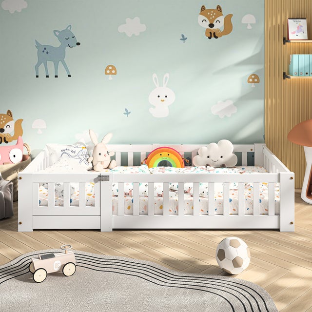 Cama evolutiva 90x190 cm - Cama baja - Cama infantil con barandilla 90x190 - Diseño minimalista - Con somier de láminas - En pino macizo blanco