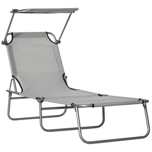 Chaise Longue Pliable "Lazy" Avec Pare-soleil - Dimensions 180x54,5x73 Cm, Inclinable, Gris