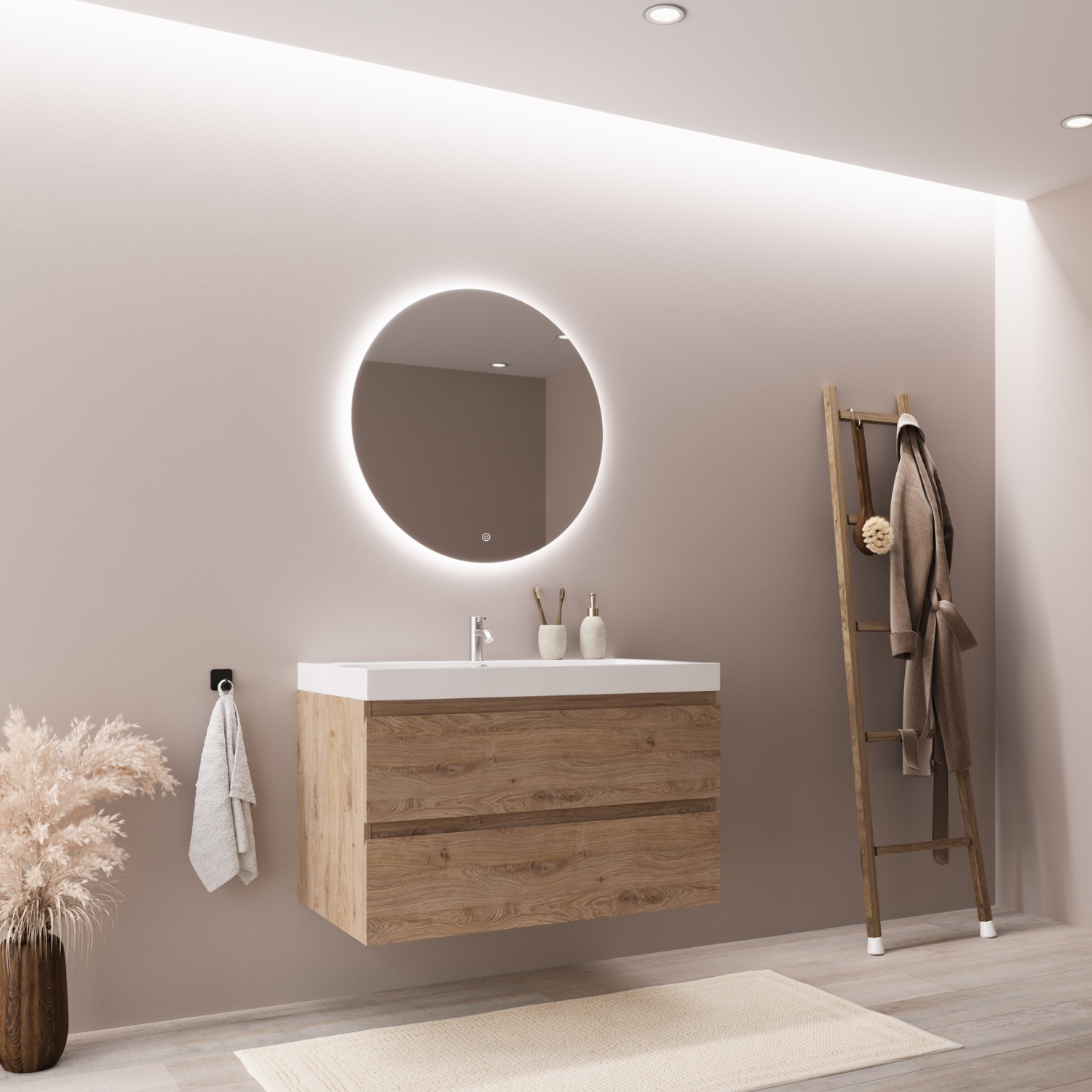 LOMAZOO meuble de salle de bain Monaco chêne clair - 80cm - lavabo blanc - 10