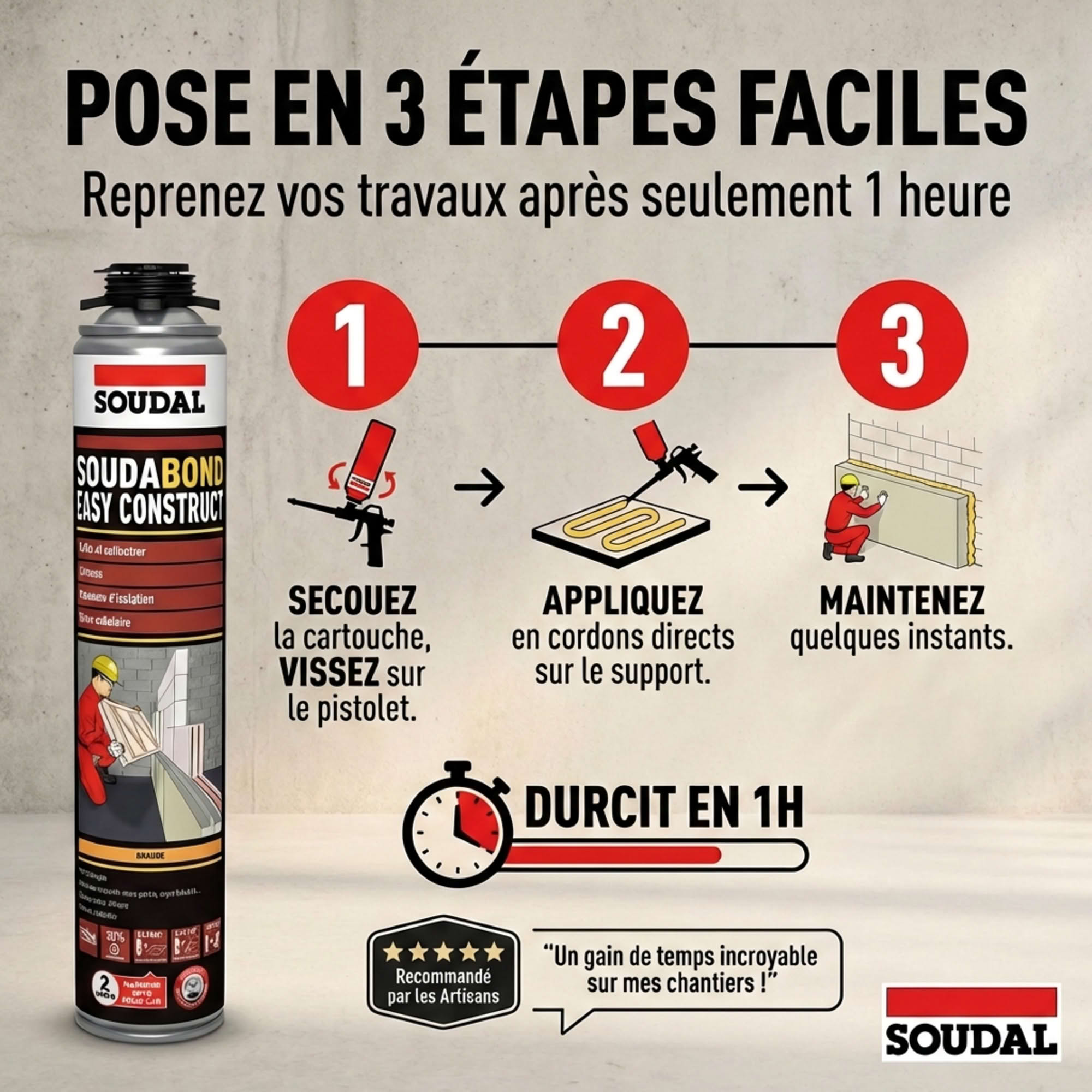 Mousse-colle PU Soudabond Easy Construct Gun 750ml - SOUDAL - 132576 - 5