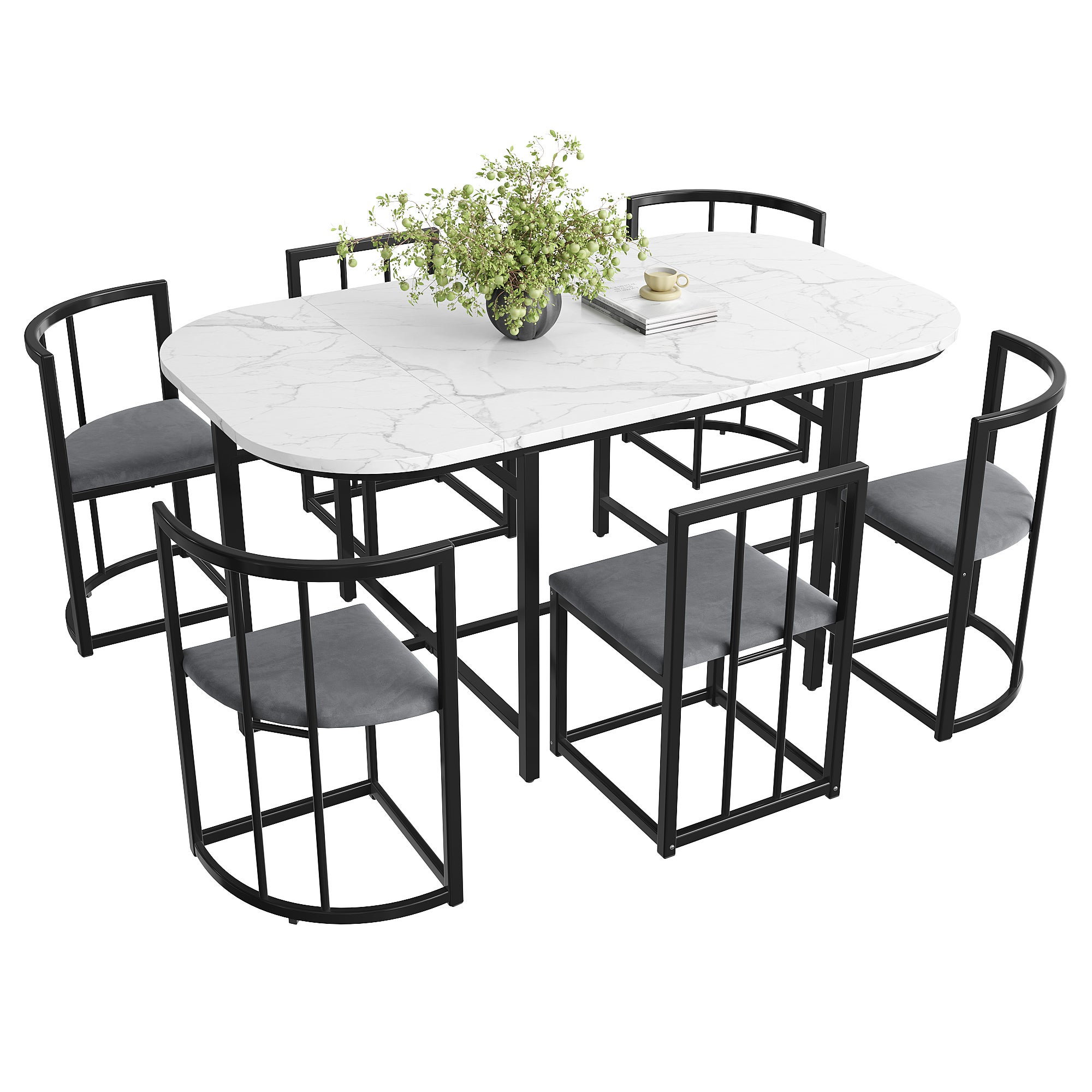 Set tavolo da pranzo con 6 sedie - 140 x 80 x 76 cm - MDF e gambe in metallo nero - Effetto marmo - Bianco + grigio - 5