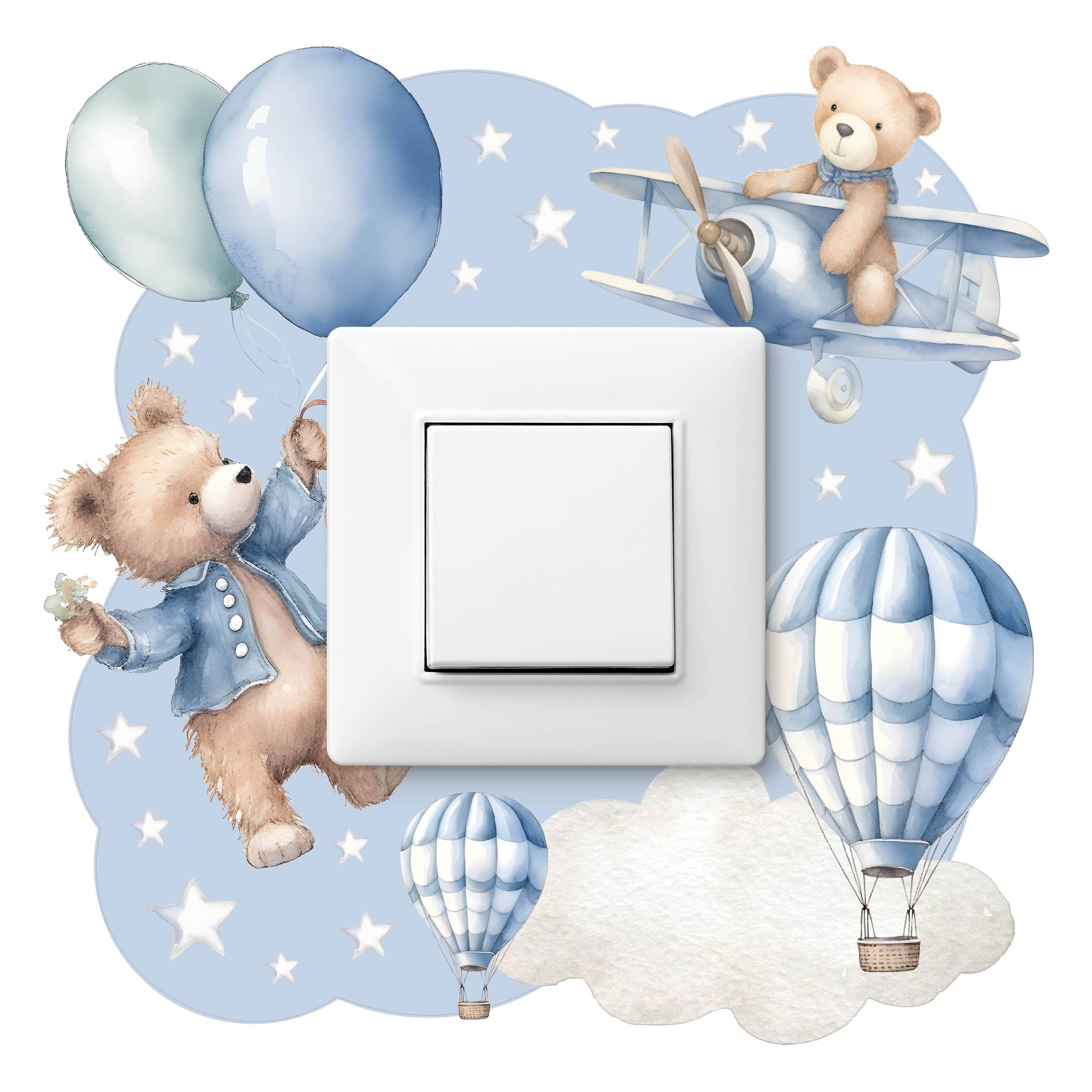 Muralo Naklejka Pod Włącznik MISIE Balony Chmurki Gwiazdki 20x20 cm Naklejka do Pokoju Dzieci