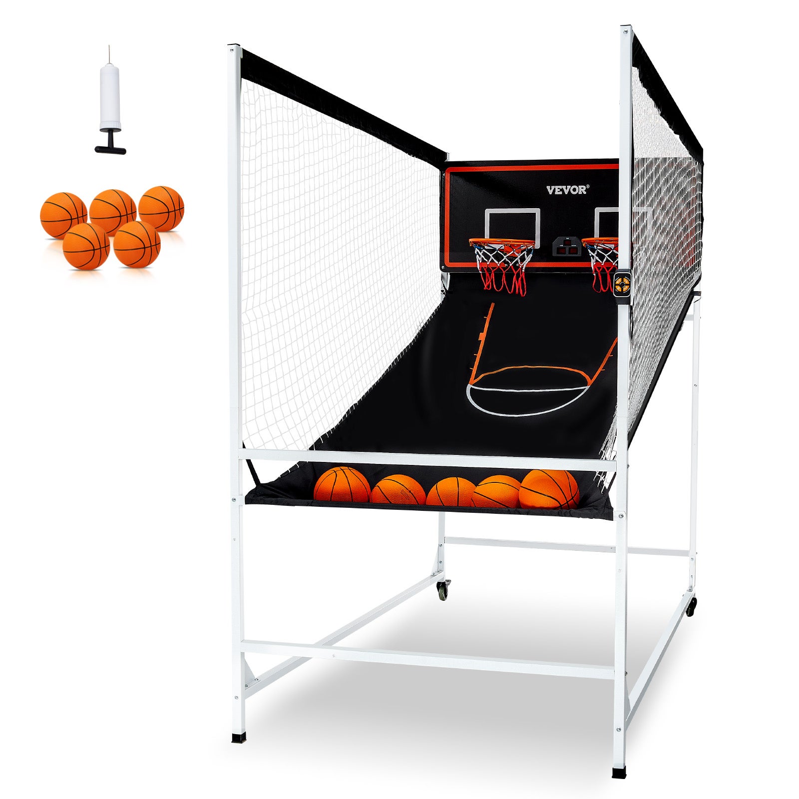 VEVOR Juego de Baloncesto Plegable Interior para 2 Jugadores, Deporte de Doble Tiro en Casa con 5 Bolas, 8 Modos de Juego, Marcador Electrónico y Bomba de Inflado, 2020 x 1360 x 2050 ± 50 mm, Negro