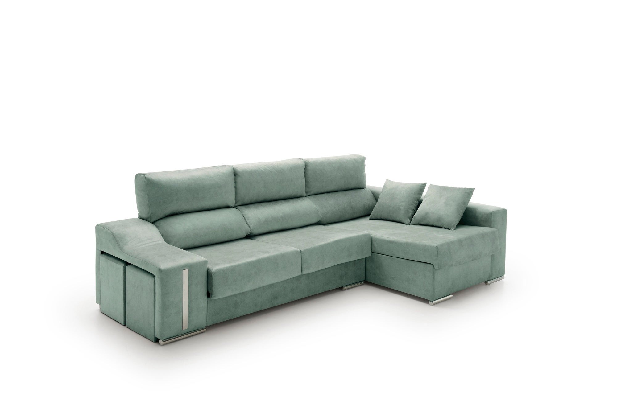 Sofa chaise longue reclinable y deslizante con puffs serena alta gama agua marina derecha