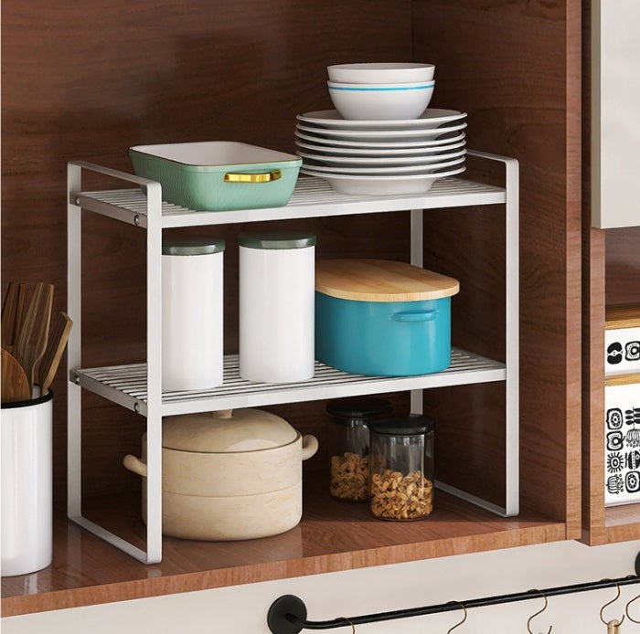 Dwupoziomowa półka kuchenna, mocna i trwała, efektywne przechowywanie, stal węglowa, kolor biały, wymiary: 51x21x36,8 cm