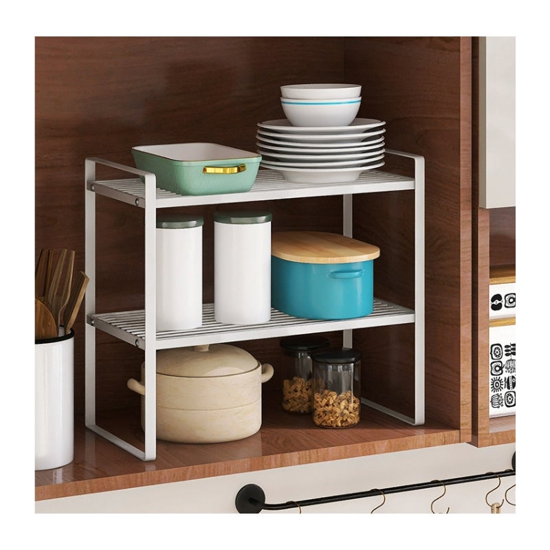 Dwupoziomowa półka kuchenna, mocna i trwała, efektywne przechowywanie, stal węglowa, kolor biały, wymiary: 51x21x36,8 cm