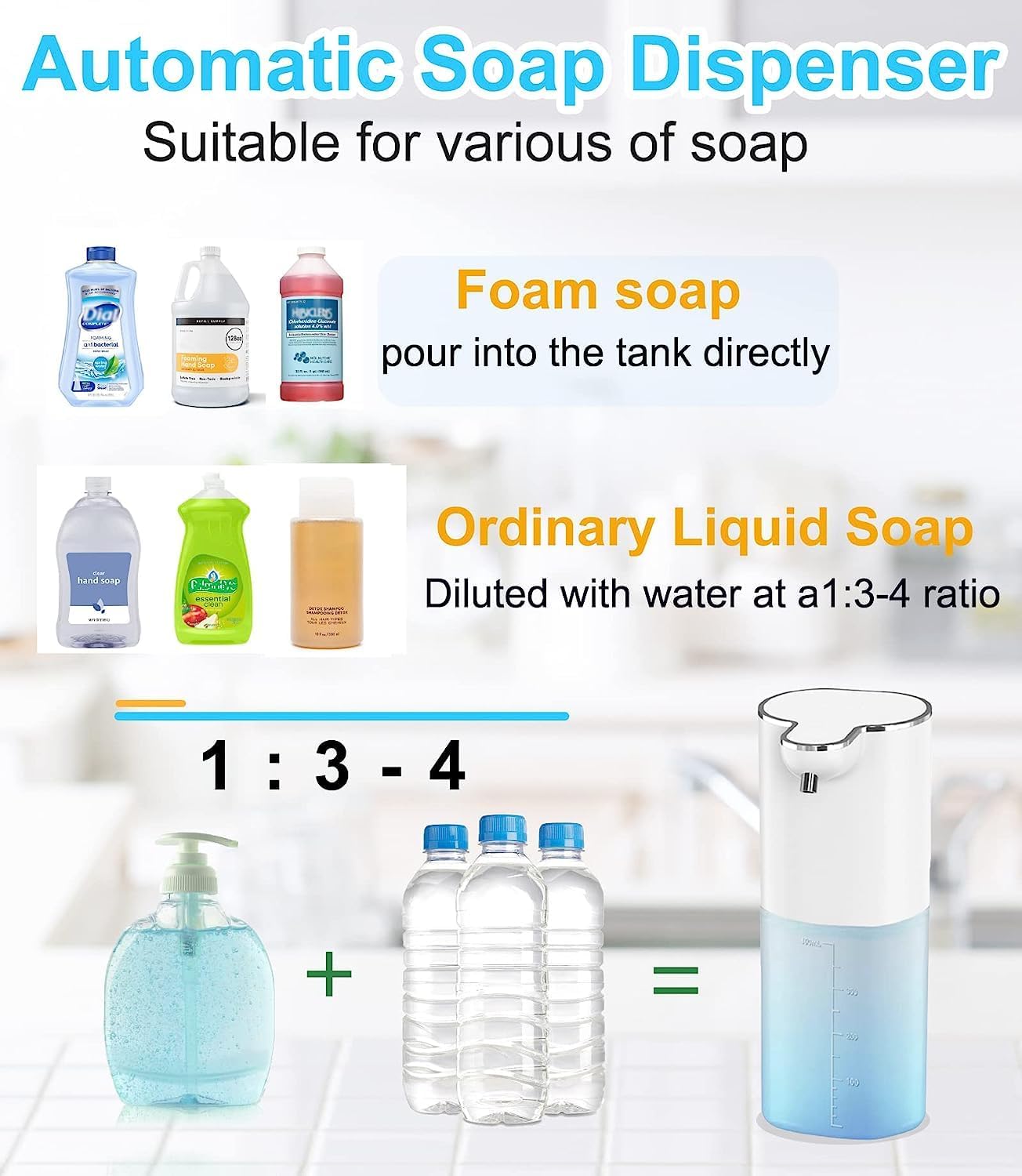 Dispenser di sapone automatico, 400 ml, erogatore di sapone elettrico con sensore, dispenser di sapone in schiuma ricaricabile, 4 livelli regolabili, fissaggio a parete USB, dispenser di sapone per