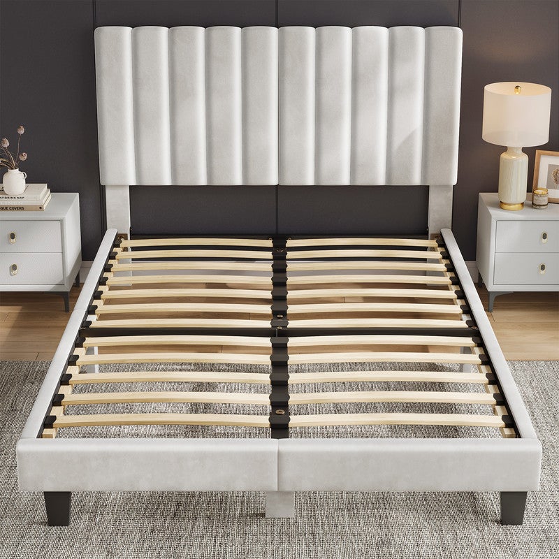 Lit 160x200 cm HavenlyHome, Lit Capitonné en Velours avec Tête de Lit et Sommier à Lattes, Lit Adulte pour 2 Personnes, Beige - 7
