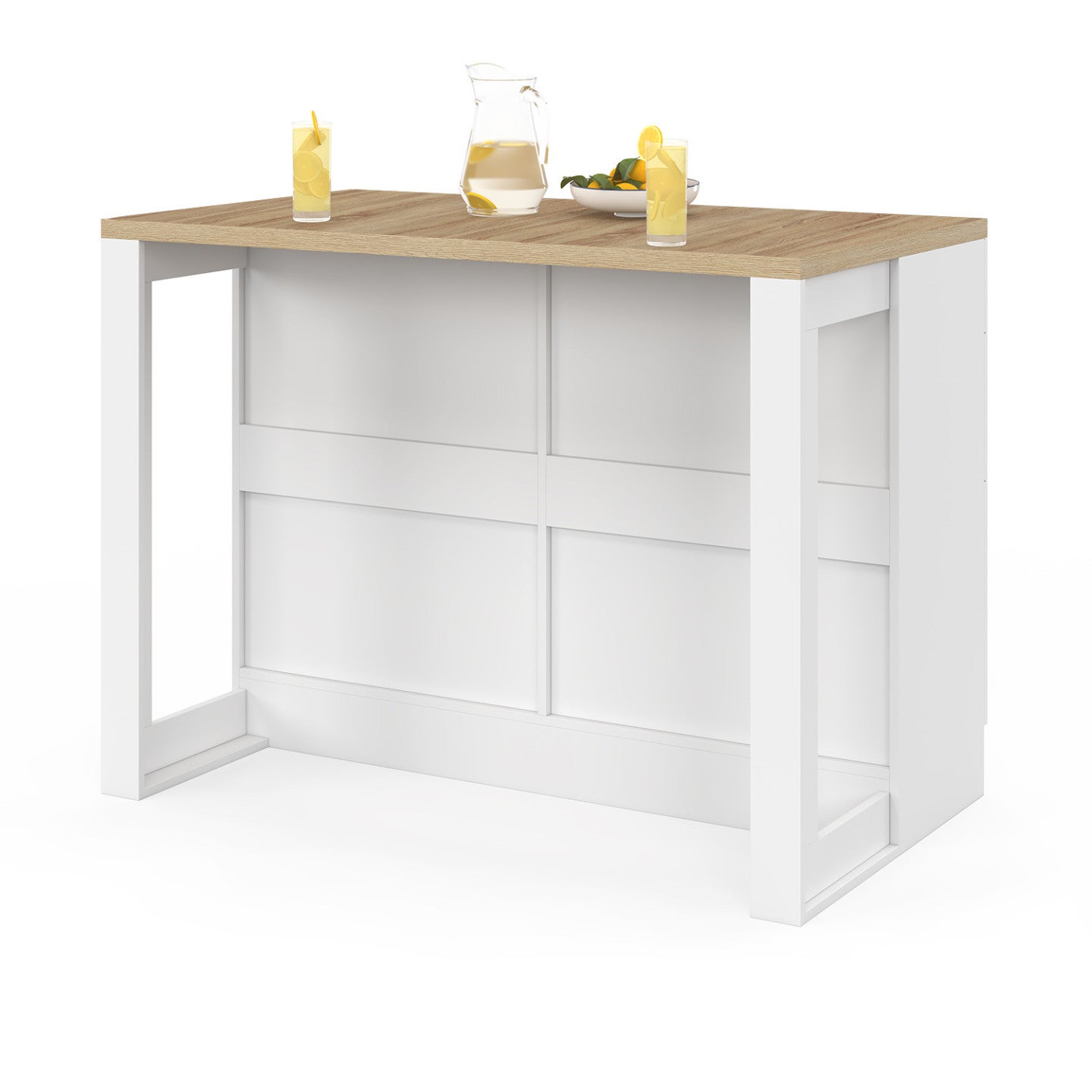 Ilot central mange-debout ORSO 120 cm casserolier 6 tiroirs blanc avec plan de travail façon hêtre - 4