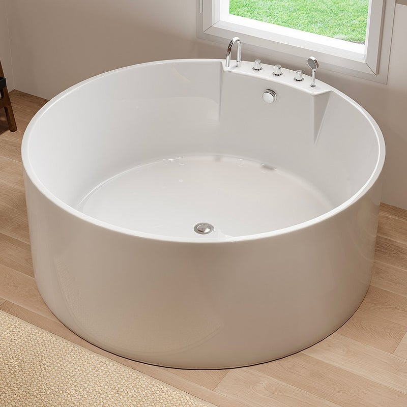 Okrągła wanna wolnostojąca z kranami - 373 L - 150 x 150 x 58 cm - biała - LINDA