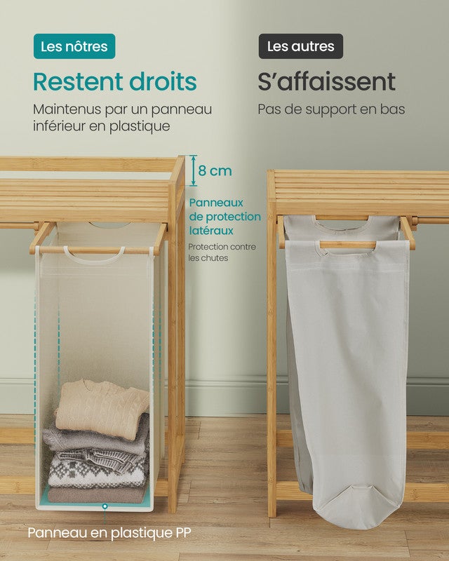 Panier à Linge, avec 3 Compartiments, Corbeille à Linge Sale, Capacité de 150 Litres, avec Étagère, 3 x 50 L, 94 x 33 x 78 cm, Blanc Crème - 6