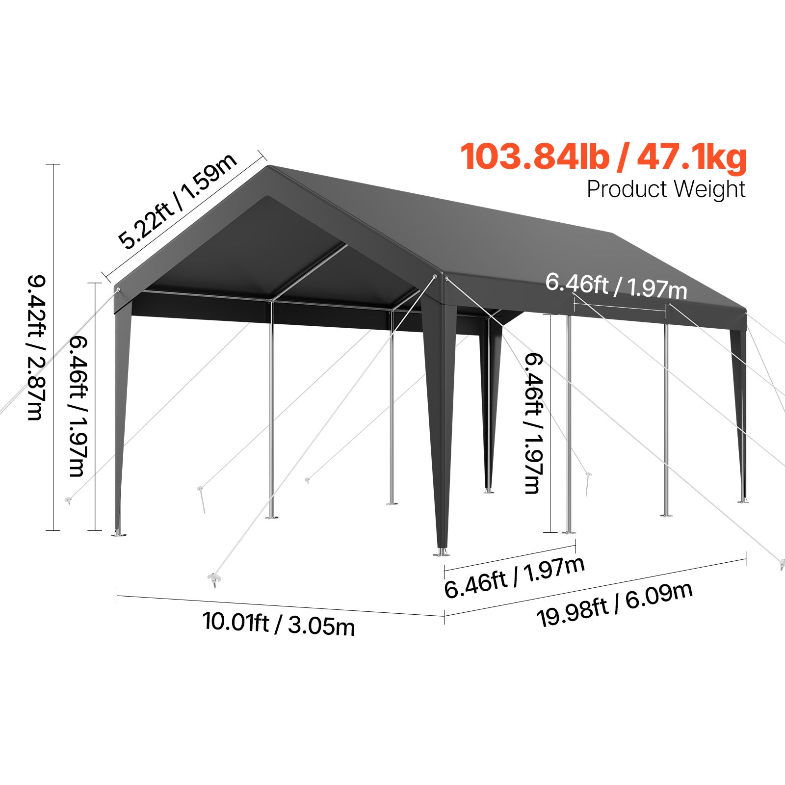 Abri de voiture SucceBuy 3,05 x 6,09 m, structure robuste en acier, garage exterieur resistant aux UV et a leau, protection toute saison pour voitures - 9