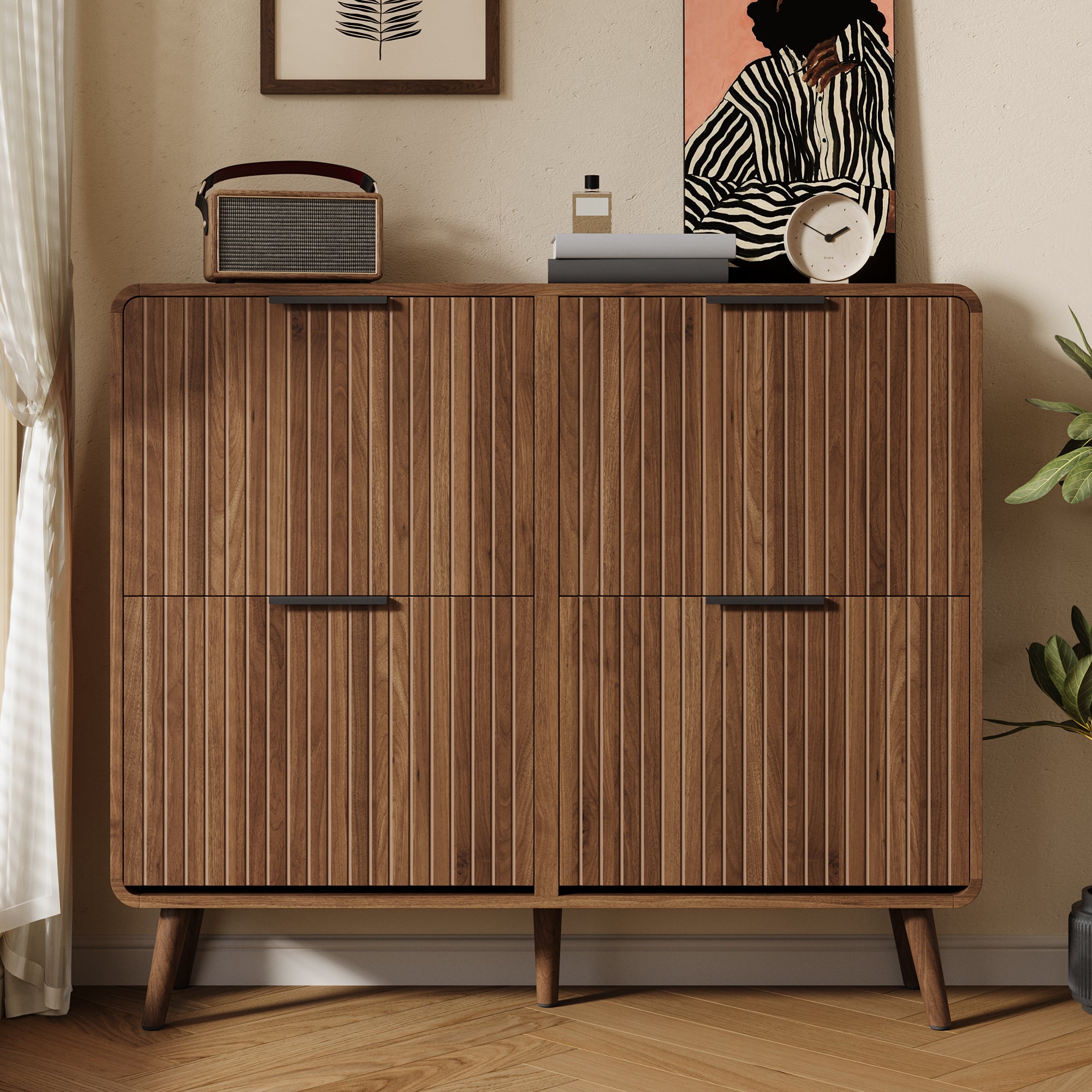 Meuble à chaussures avec 4 portes rabattables - 105 x 24 x 90 cm - Contenir 18 à 24 paires - MDF - Noyer - 7