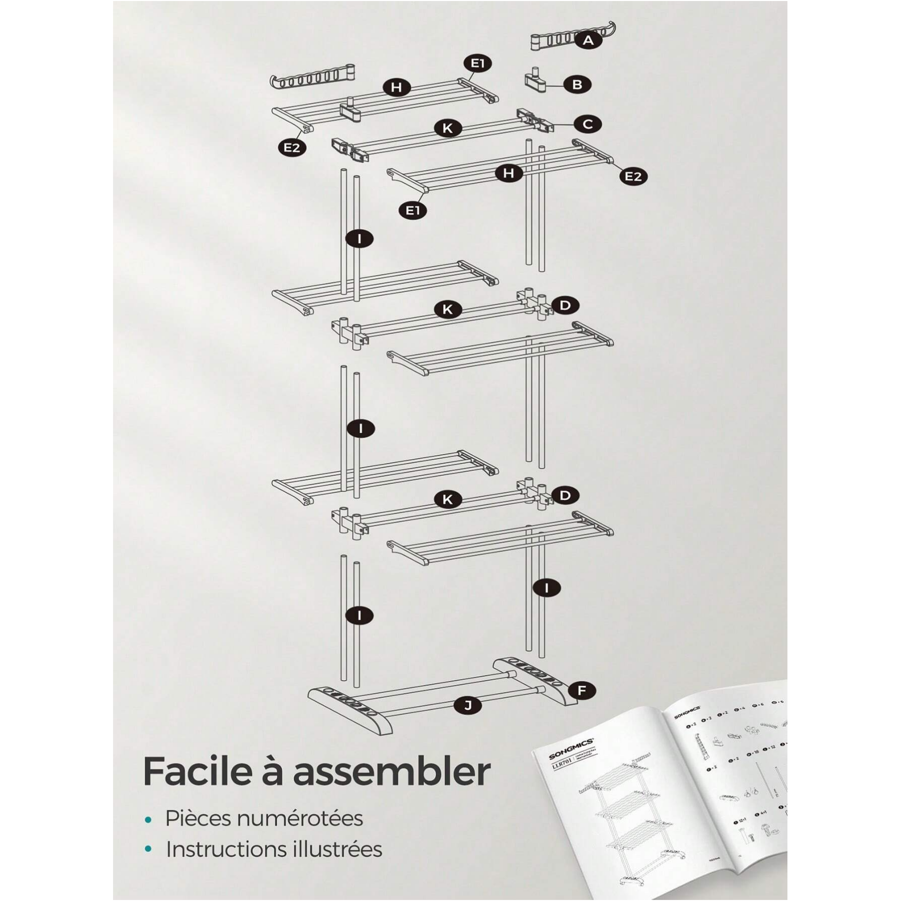 Étendoir à Linge,Séchoir Mobile à 4 Niveaux,avec Roulettes,Pliable,63,5 x 128 x 173 cm,Montage Facile, Utilisation Intérieure et Extérieure,Gris - 8