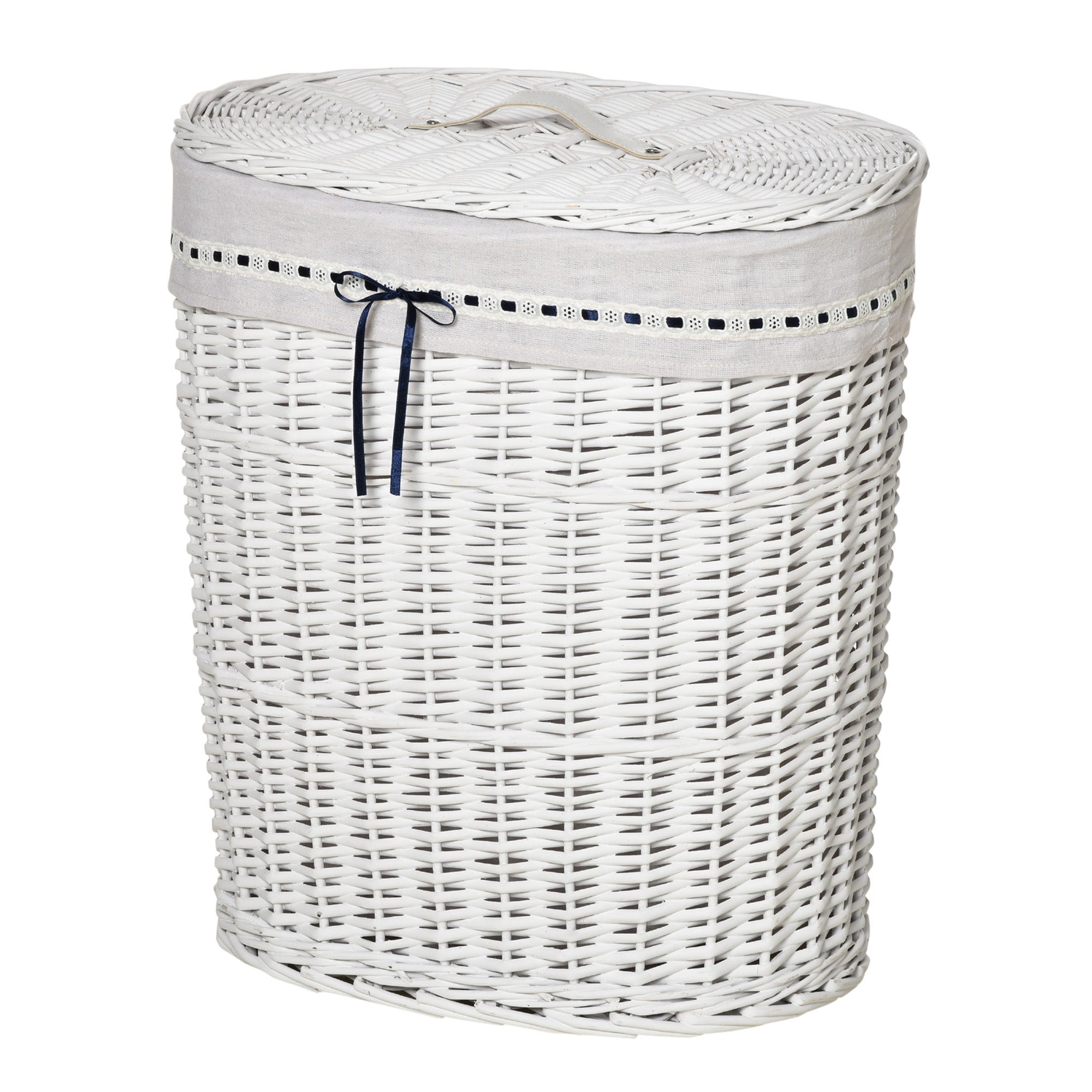 Superio Cesto Portabiancheria Angolare Con Coperchio – 50 Litri, In Vimini Di Plastica, Bianco Fumo – Forma Curva Salvaspazio Con Manici