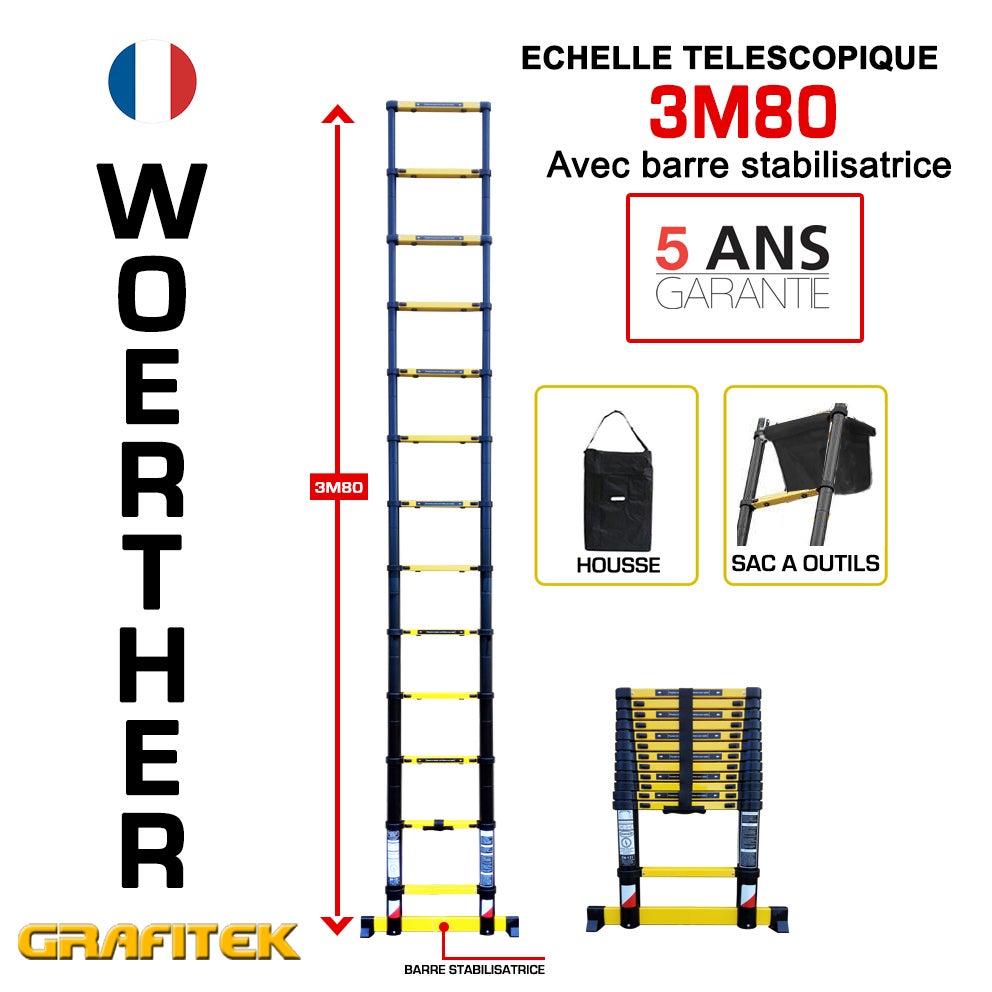 Échelle Télescopique Woerther 3.80m/1.90m Avec Housse Et Sac à Outils