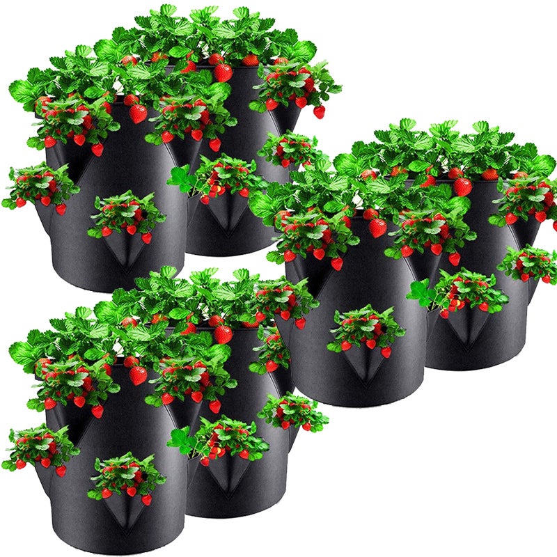 Zestaw 6 oddychających doniczek na truskawki z 8 bocznymi kieszeniami do sadzenia, czarne, 10 galonów, 35 x 45 cm