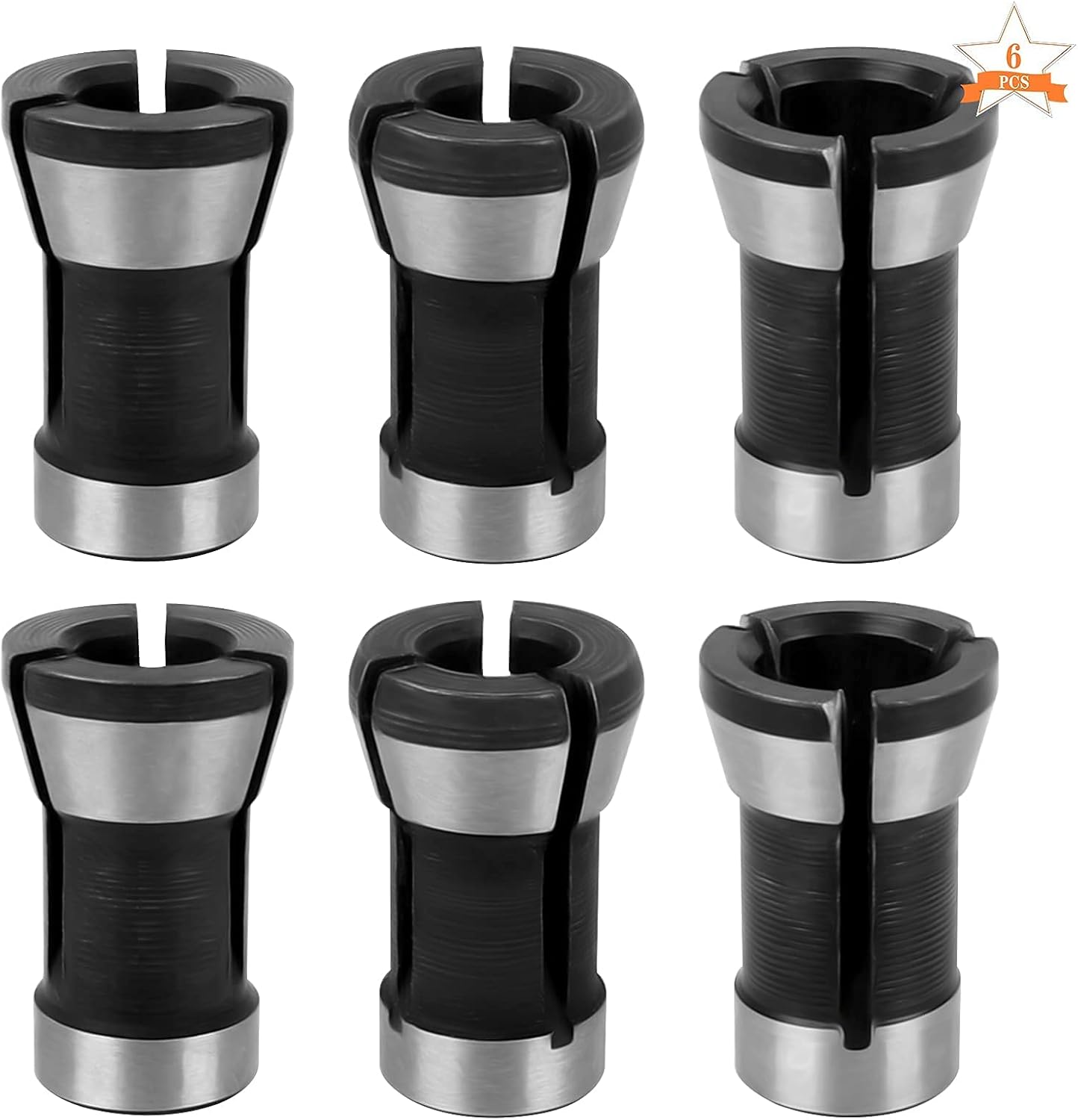 6 głowic zaciskowych, adaptery uchwytu do wiertarek, frezarek, akcesoria do obróbki drewna 6 mm, 6,35 mm i 8 mm.