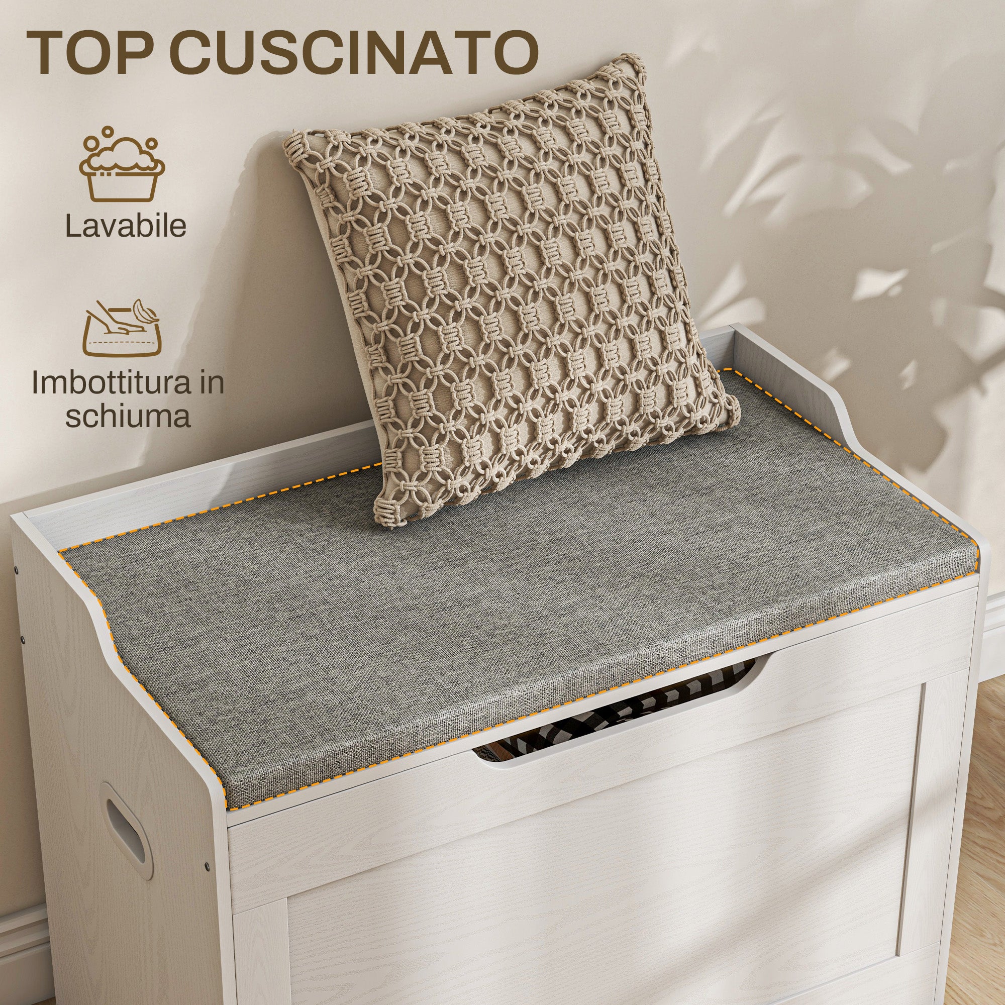 Banc de rangement 103 L,Banc de rangement multifonctionnel avec coussin en tissu lavable,Banc de rangement en bois pour entrée, couloir, salon - 7