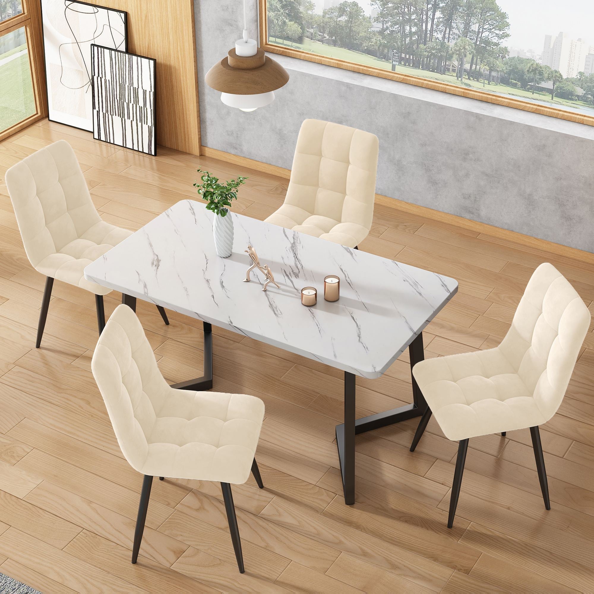 Lot De 4 Chaises Salle à Manger Velours Beige – Ergonomiques, Métal Doré, Confort Max