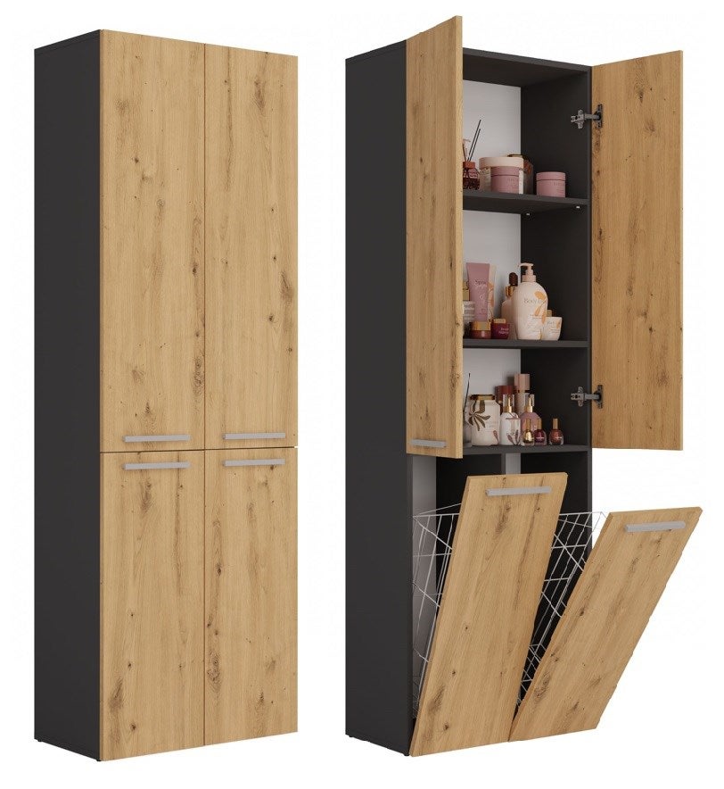 Szafka Łazienkowa Topeshop Słupek Nel DD 2K Kosz Antracyt Dąb Artisan 30x60x174 cm 1 szt.