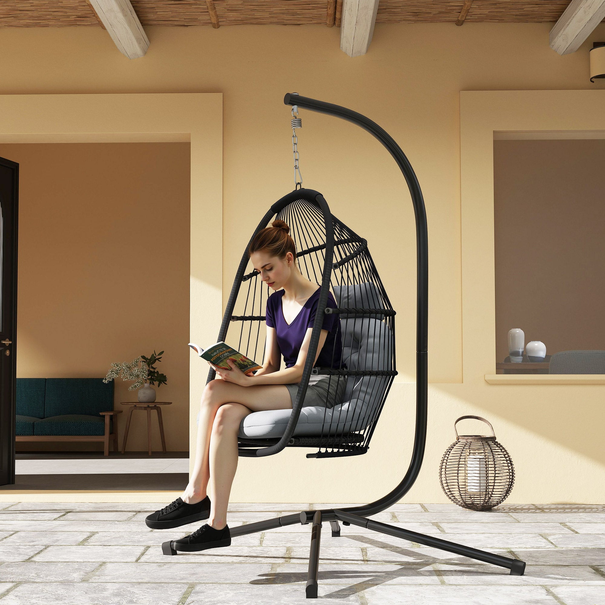 Cadeira Suspensa Outsunny Aço, PE Cinzento Escuro 107x100x196 cm - 9