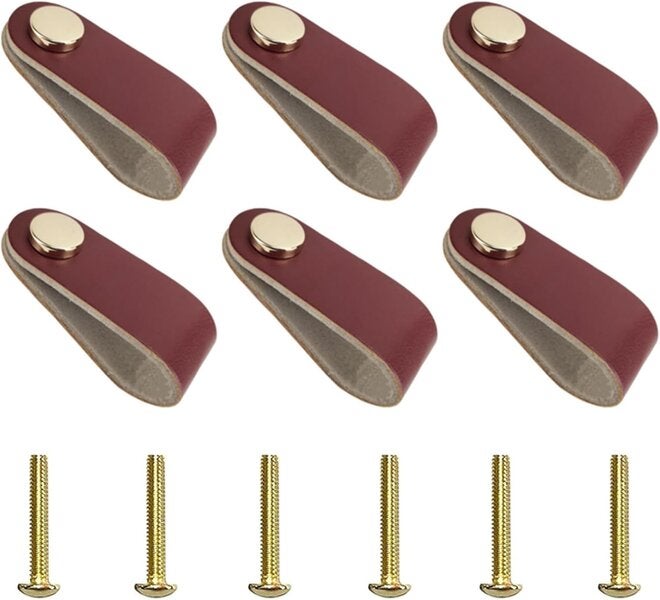 Set de 6 mânere din piele vișinie, lucrate manual pentru sertar, comodă și bucătărie 6buc