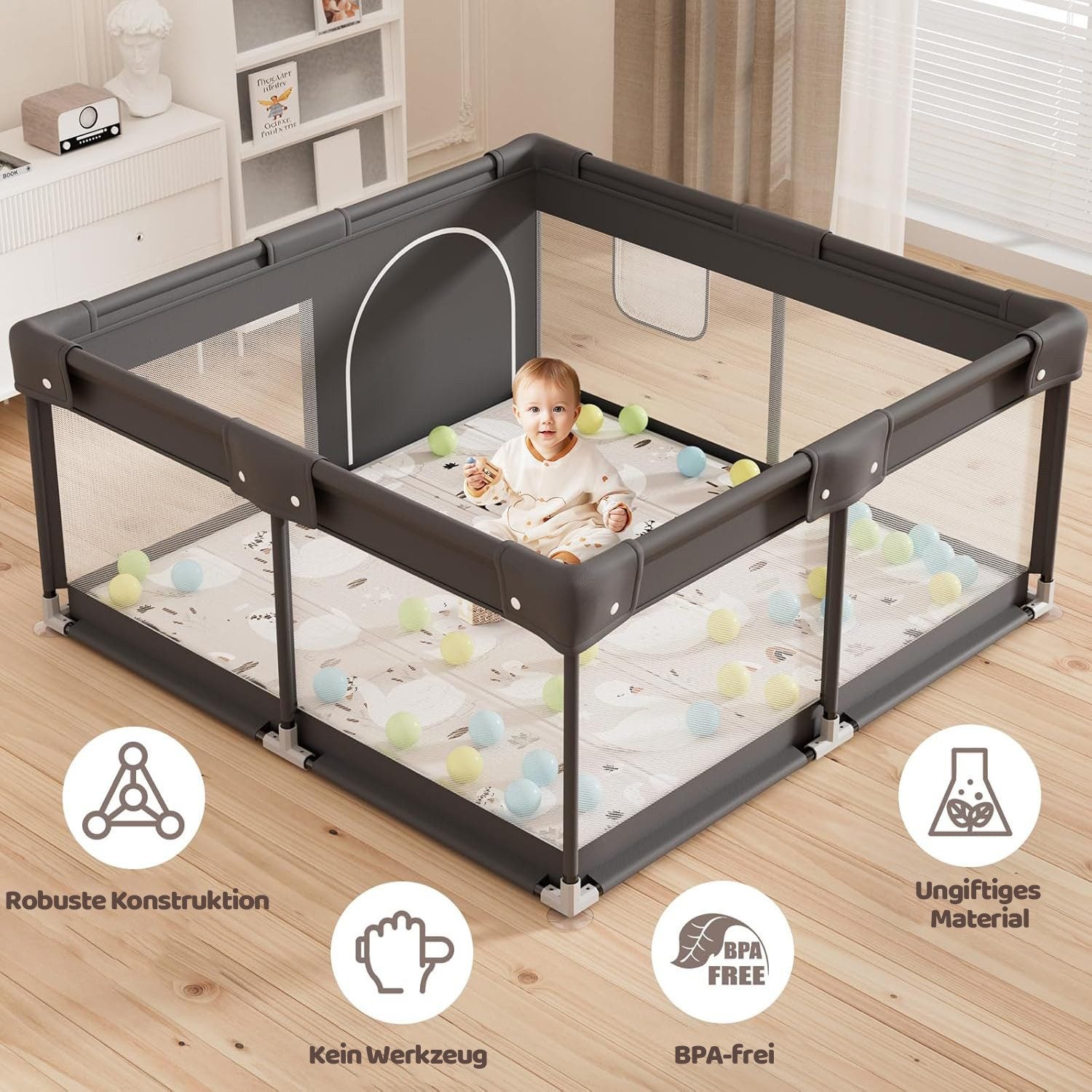 Parc pour bébé, 120 x 120 cm, barrière de sécurité avec filet, idéal pour une utilisation en intérieur, grand parc - 4