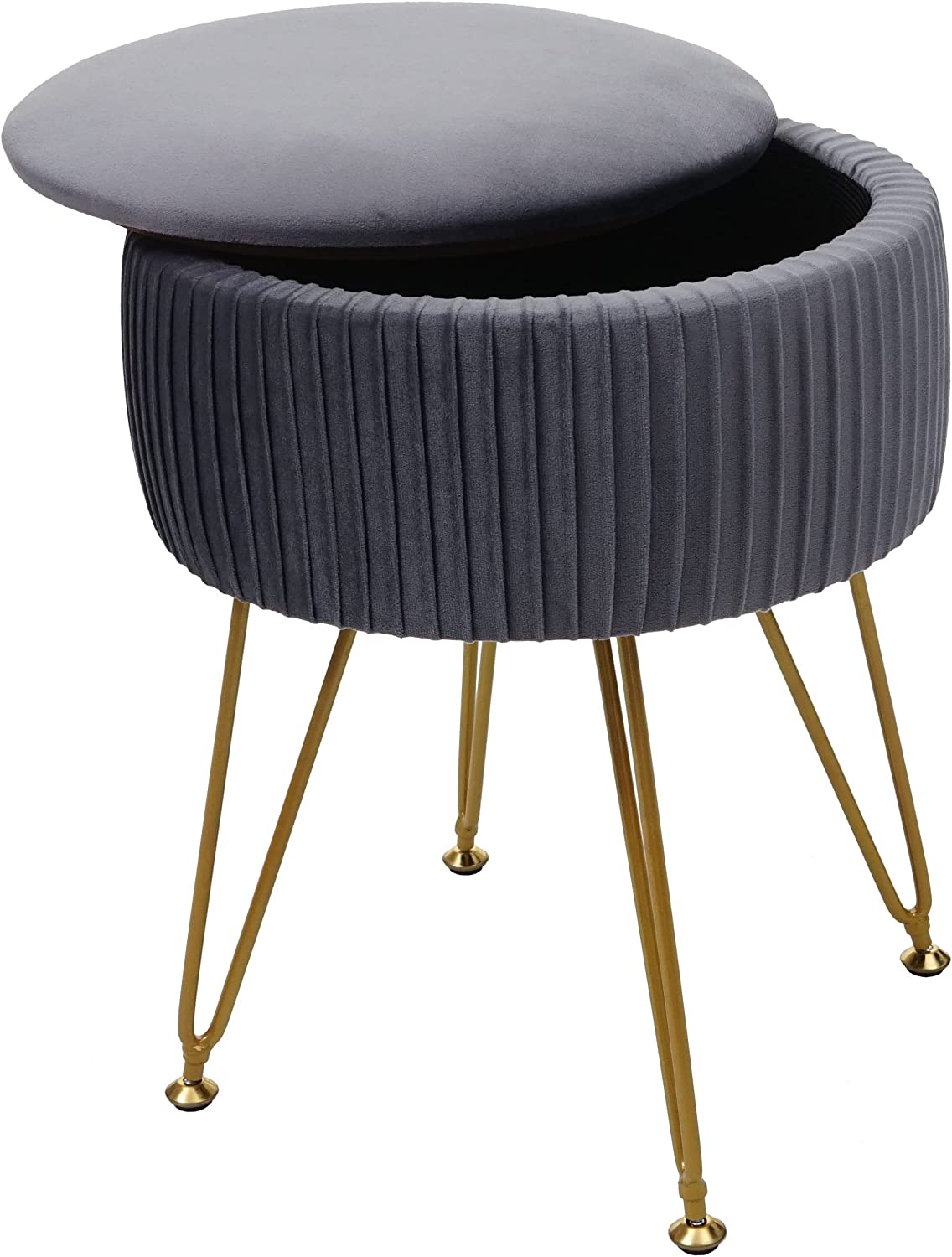 Tabouret avec compartiment de rangement Ø 33cm aspect velours gris clair cadre or TABO04012 - 2