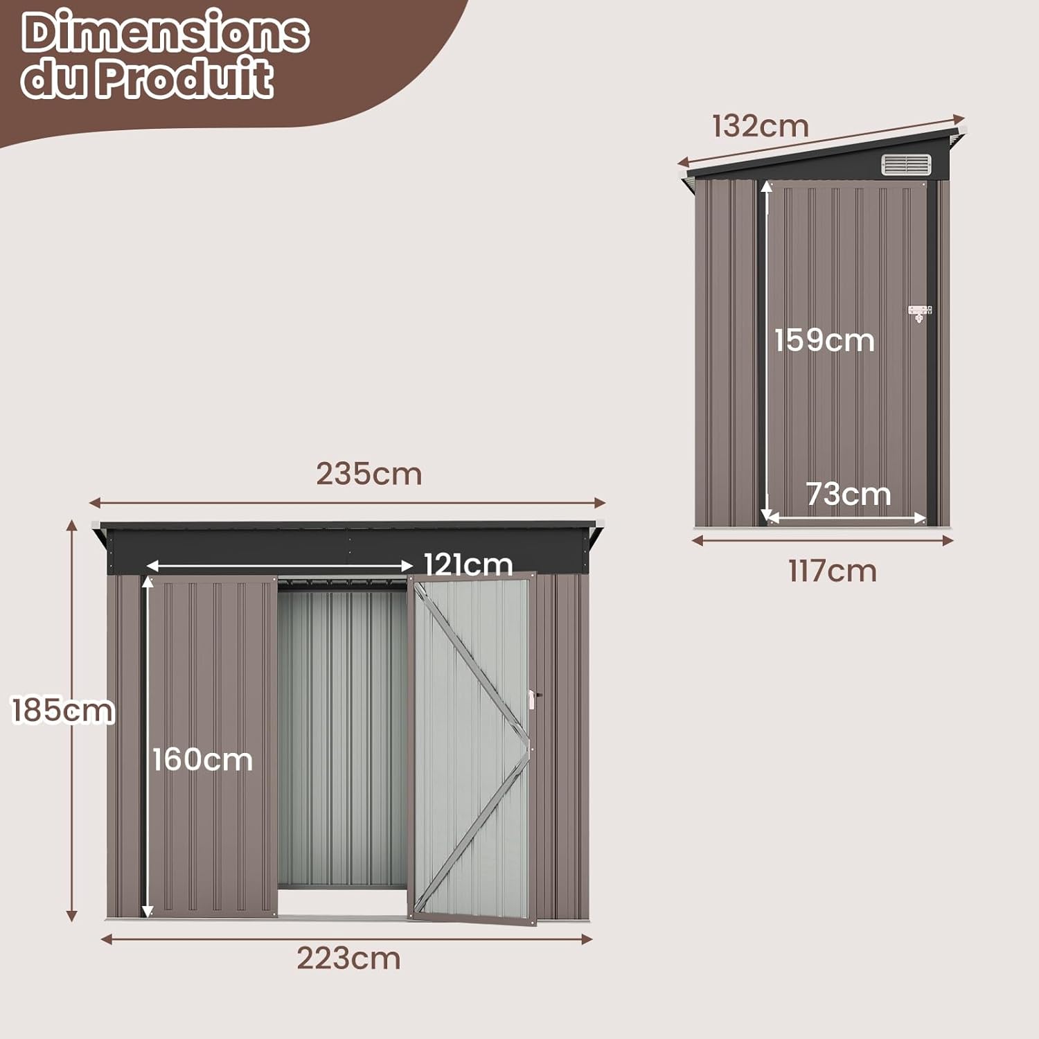 Metalowa szopa ogrodowa 2,6 m², ze stali ocynkowanej 4,82 m³ z zatrzaskiem, drzwiami z zamkiem i kluczem, spadzistym dachem, kolorze ciepłej szarości - 2
