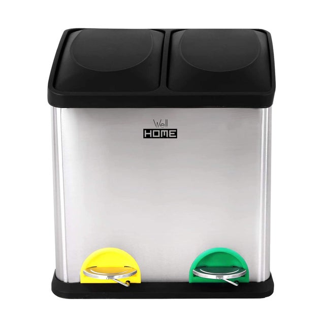 Poubelle De Recyclage 62L Avec Capteur - 2 Compartiments (37L+25L), Ouverture Automatique - Acier Inox Blanc