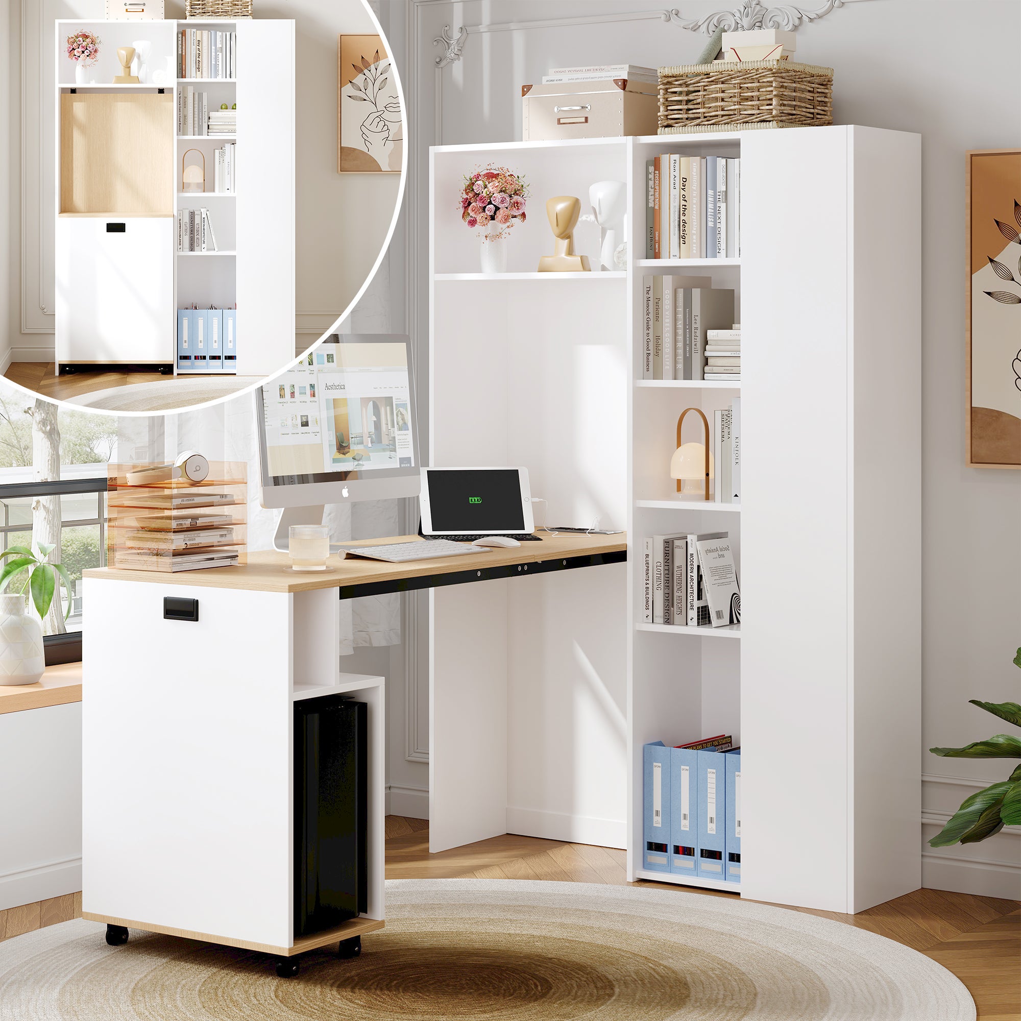 Biurko składane z regałem na książki - 139 x 50 x 71 cm + 104,5 x 30,5 x 160 cm - Płyta MDF - Gniazda ładowania i USB - Regulowane półki - Biały