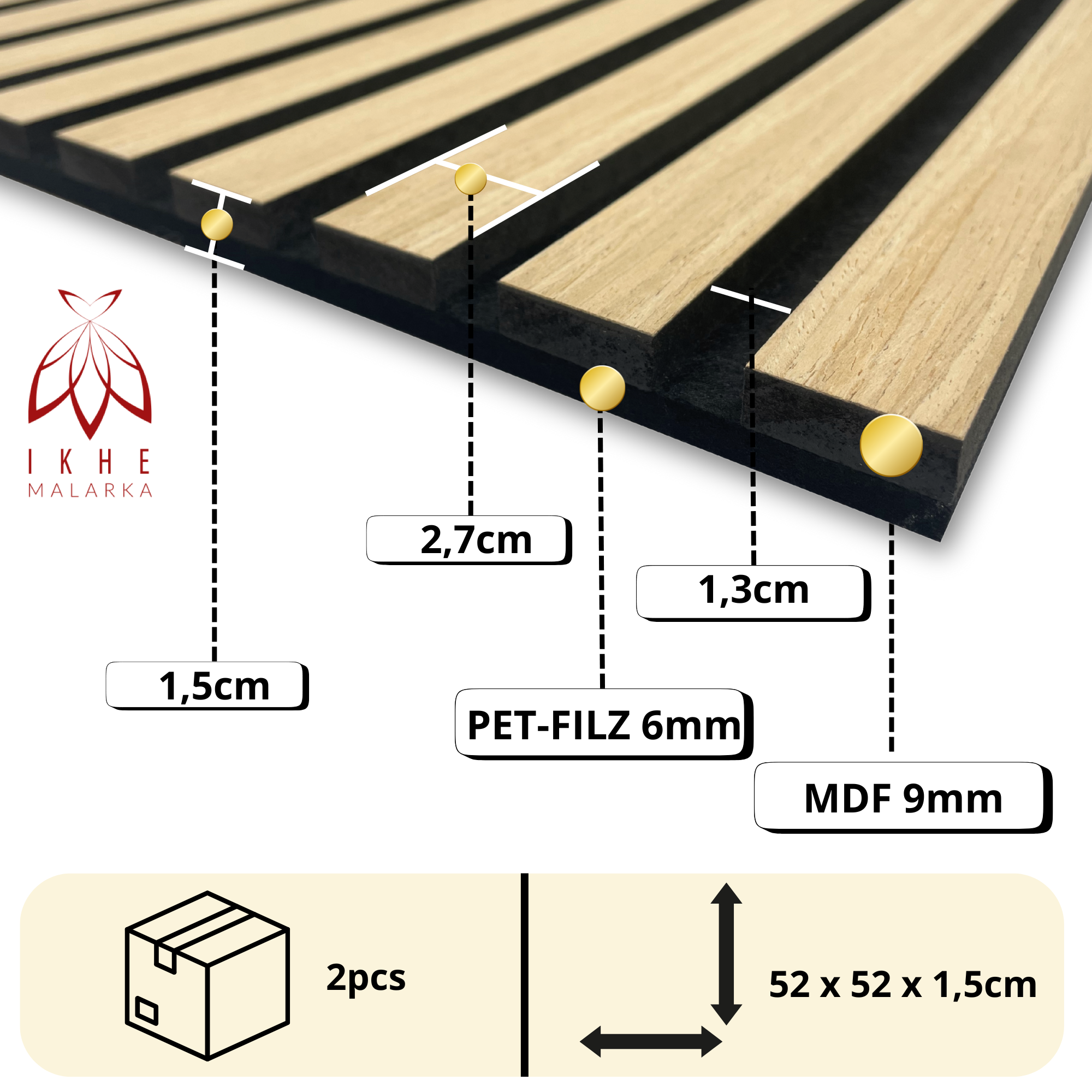 Painéis 3D de Ripas Acústicas 2 Peças (0,54m²) | Absorvente Acústico | Revestimento de Parede Efeito Madeira - Feltro 6 mm e MDF 9 mm (11000C) - 2