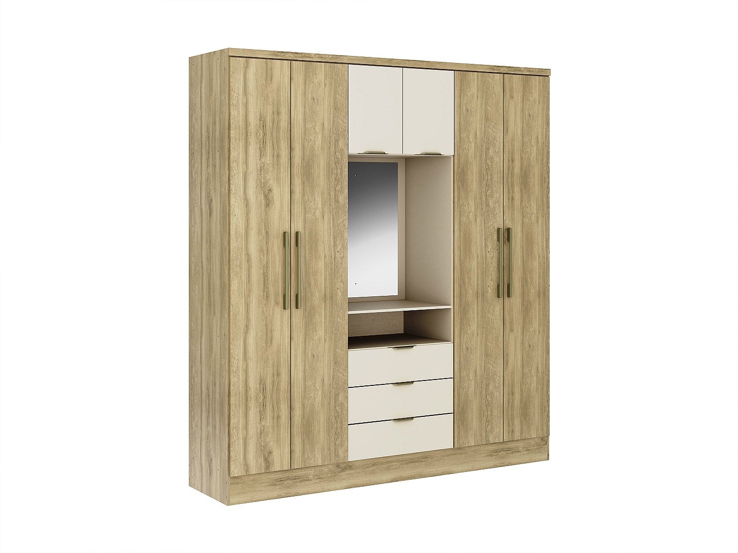 Armoire 6 portes et 3 tiroirs - Avec miroir - L180 cm - Coloris : Naturel et beige - ELORIO - 2