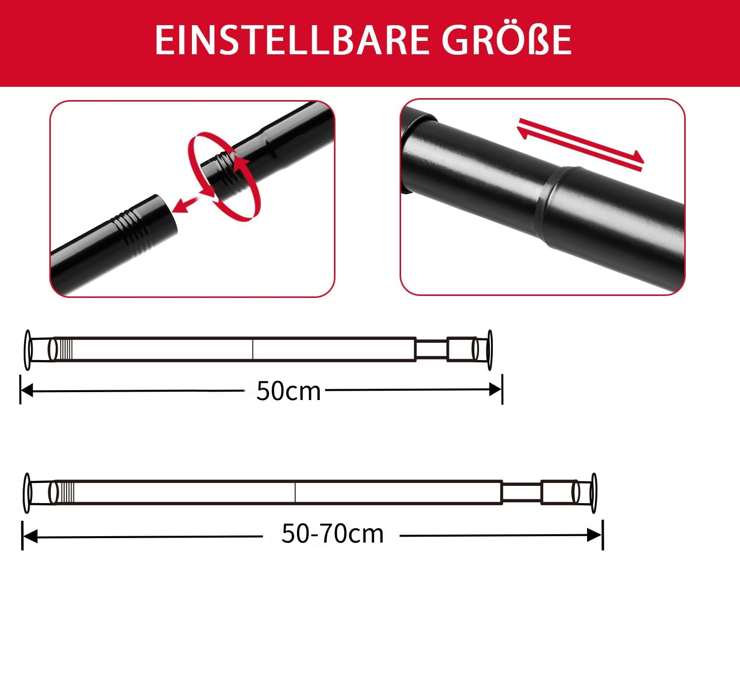 Tringle de penderie rétractable, tringle à rideau de douche, diamètre 25 mm, facile à installer et peu encombrante, noire (50-70 cm) - 3