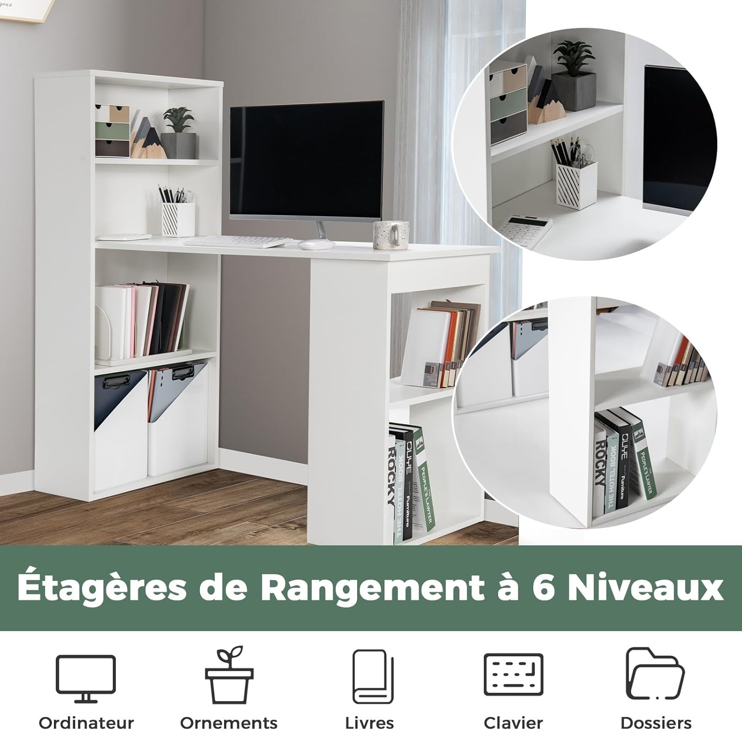 Bureau d'Ordinateur Réversible avec Bibliothèque,Assemblage Facile, pour Maison, Bureaux (Blanc) - 5