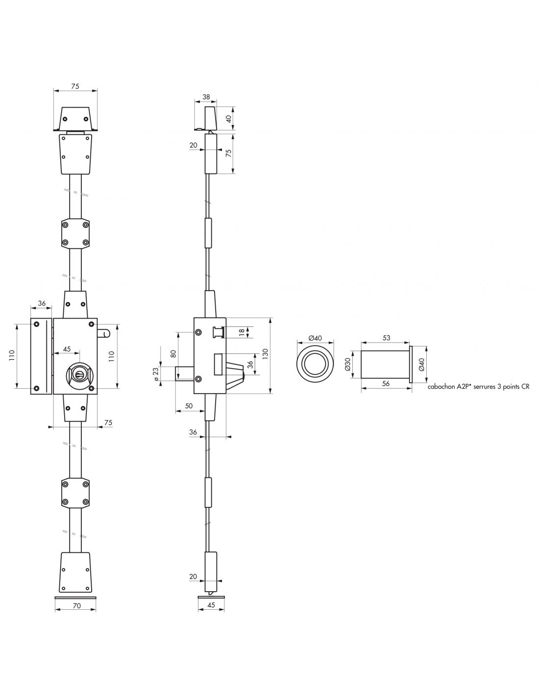 THIRARD - Serrure en applique Targa A2P* à tirage pour porte d'entrée, gauche, 3 pts, Transit2 Ø 23mm, axe 45mm, or, 4 clés - THIRARD - 3