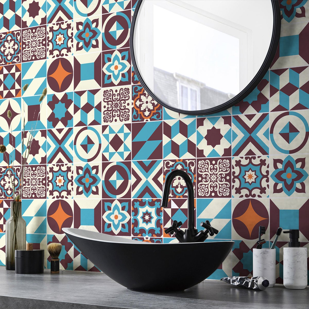 24 vinilos baldosas de cemento azulejos leccina - adhesivo de pared - revestimiento sticker mural decorativo - 24stickers20x20cm