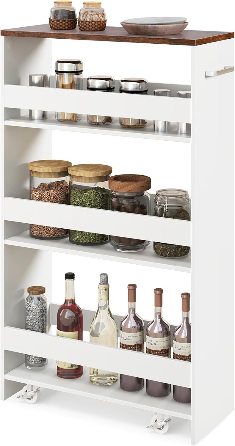 Wózek Kuchenny na Kółkach z 4 Poziomami, 47 x 13 x 80 cm, Wózek do Przechowywania z 4 Cichymi Kółkami, do Kuchni/Salonu (Biały, 20 cm Głębokość)