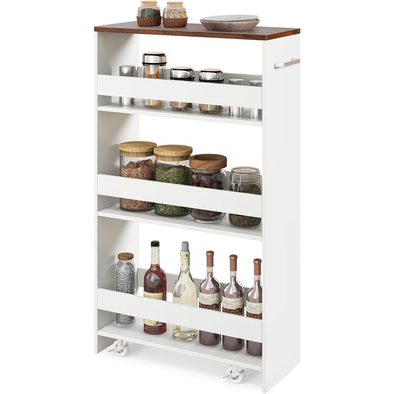 Wózek Kuchenny na Kółkach z 4 Poziomami, 47 x 13 x 80 cm, Wózek do Przechowywania z 4 Cichymi Kółkami, do Kuchni/Salonu (Biały, 20 cm Głębokość)