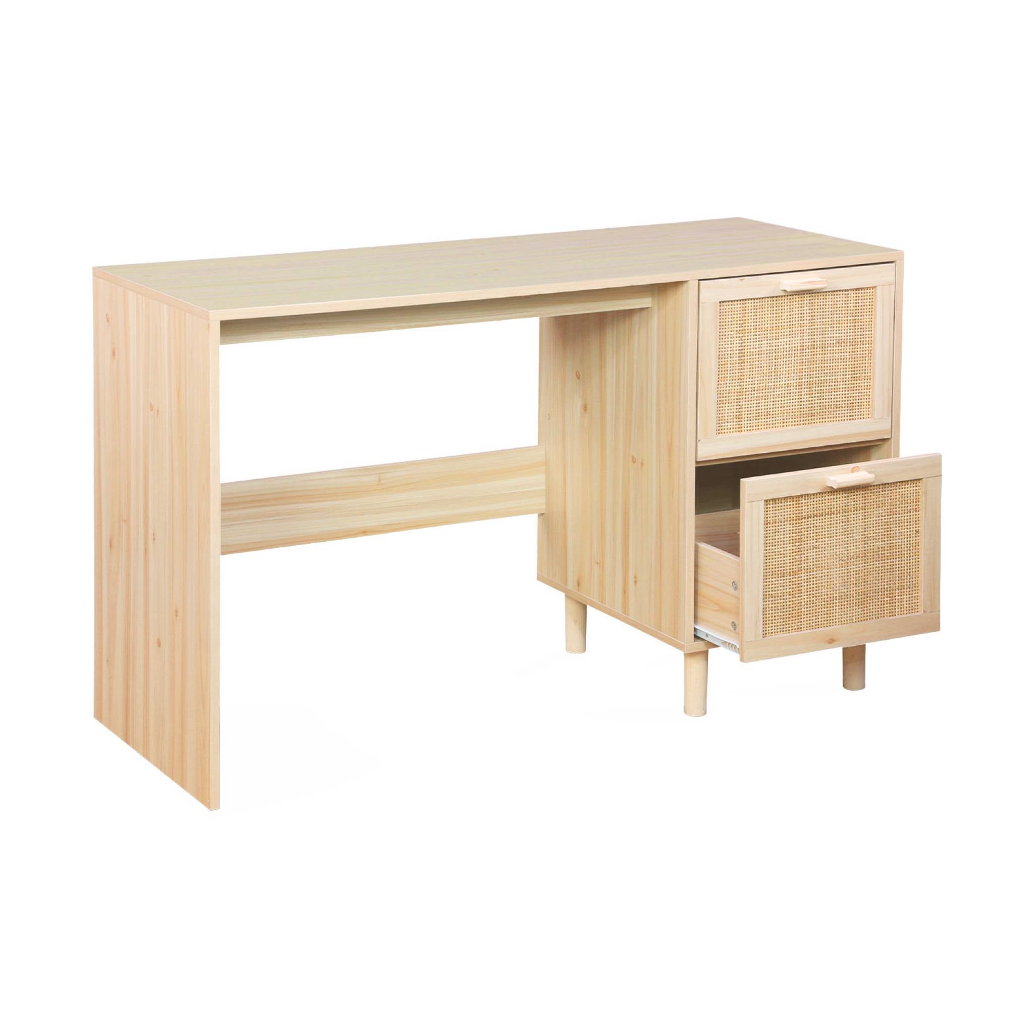 Bureau décor bois et cannage - Camargue - 120cm. 2 tiroirs - 6