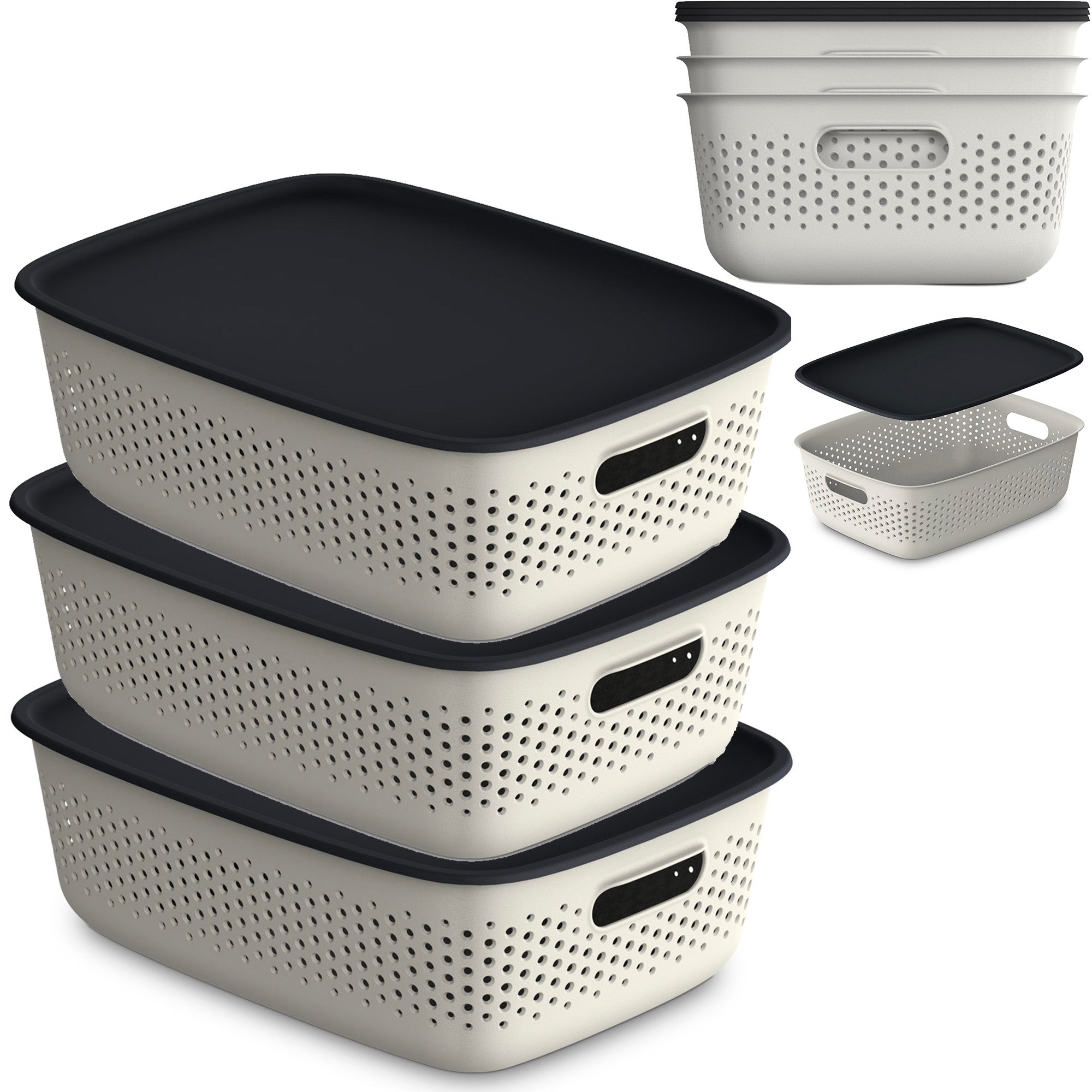 3X Pojemnik Plastikowy Ażurowy Pudełko Z Pokrywą Pojemniki Box 10L Beżowy