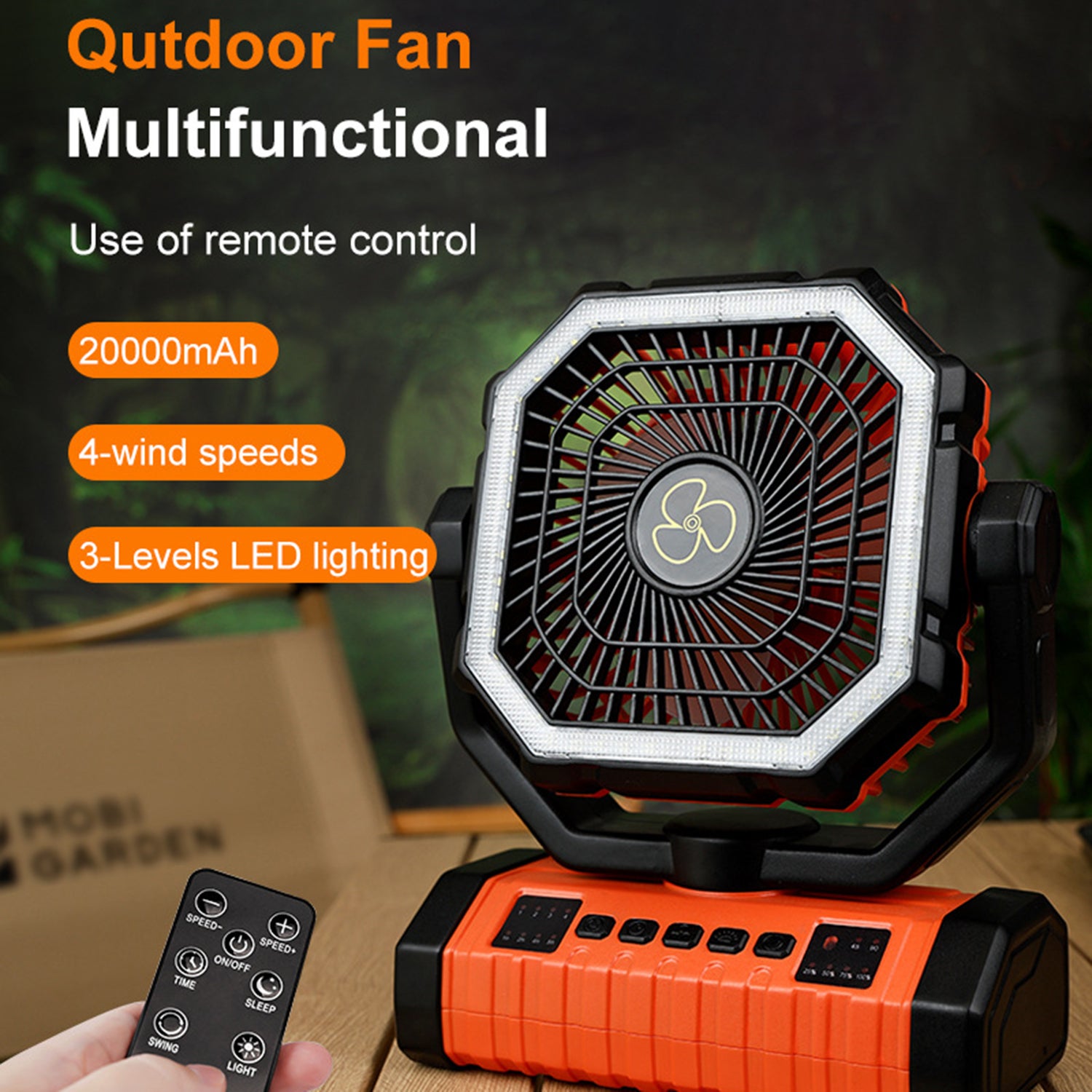 Ventilateur de camping portable avec lanterne LED, ventilateur de tente rechargeable avec télécommande et oscillation, pour jardin et extérieur - 2