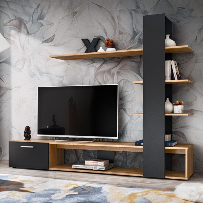 Meuble TV Merax 175x31,5x45 Cm - Bois Naturel Et Noir, 3 Armoires, étagères Verre, Support Jusqu'à 75 Pouces